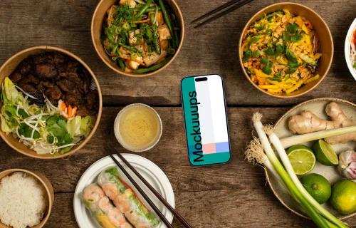 Vietnamese cuisine dishes around Smartphone mockup