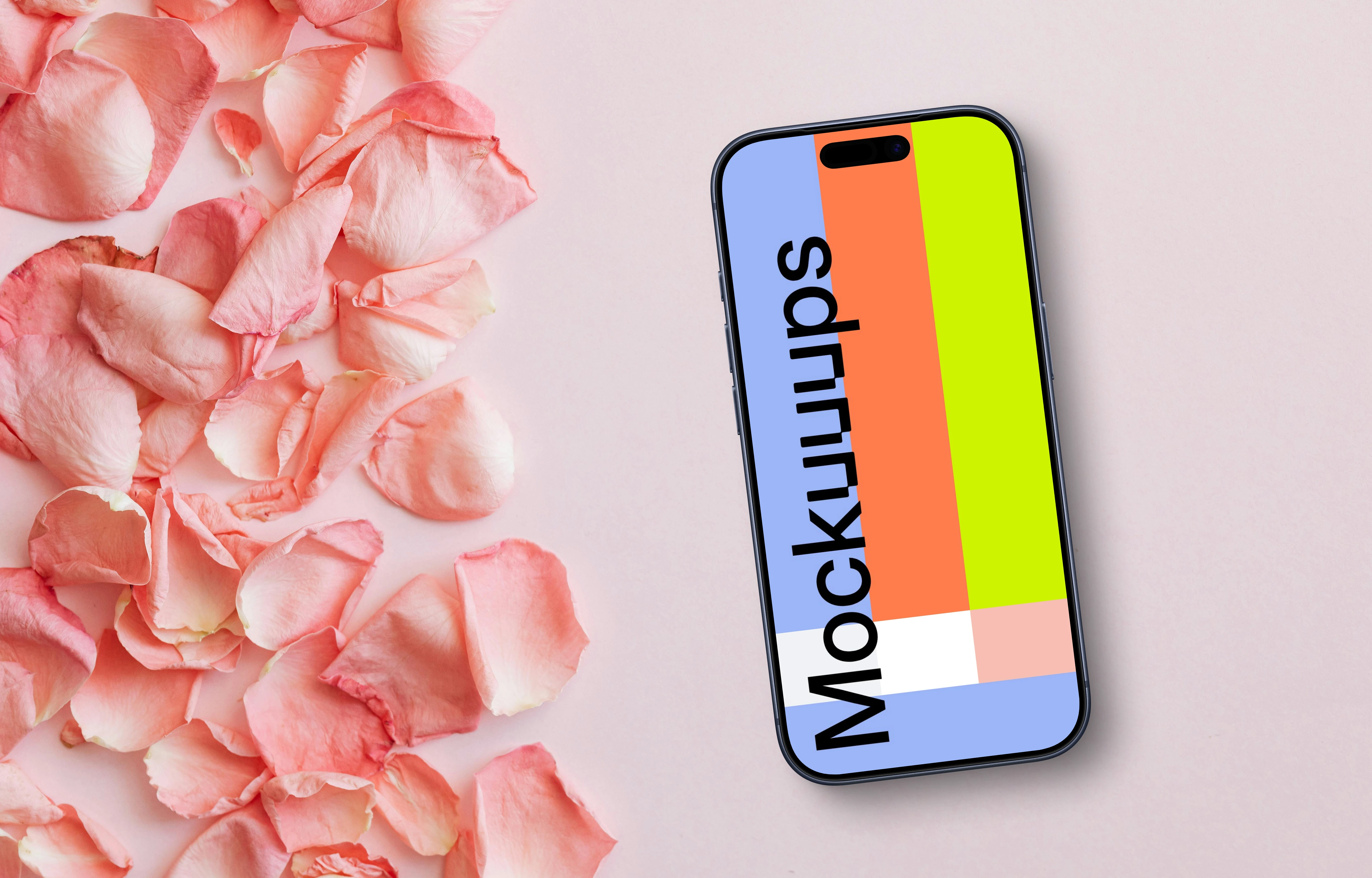 Smartphone mockup with pink rose petals