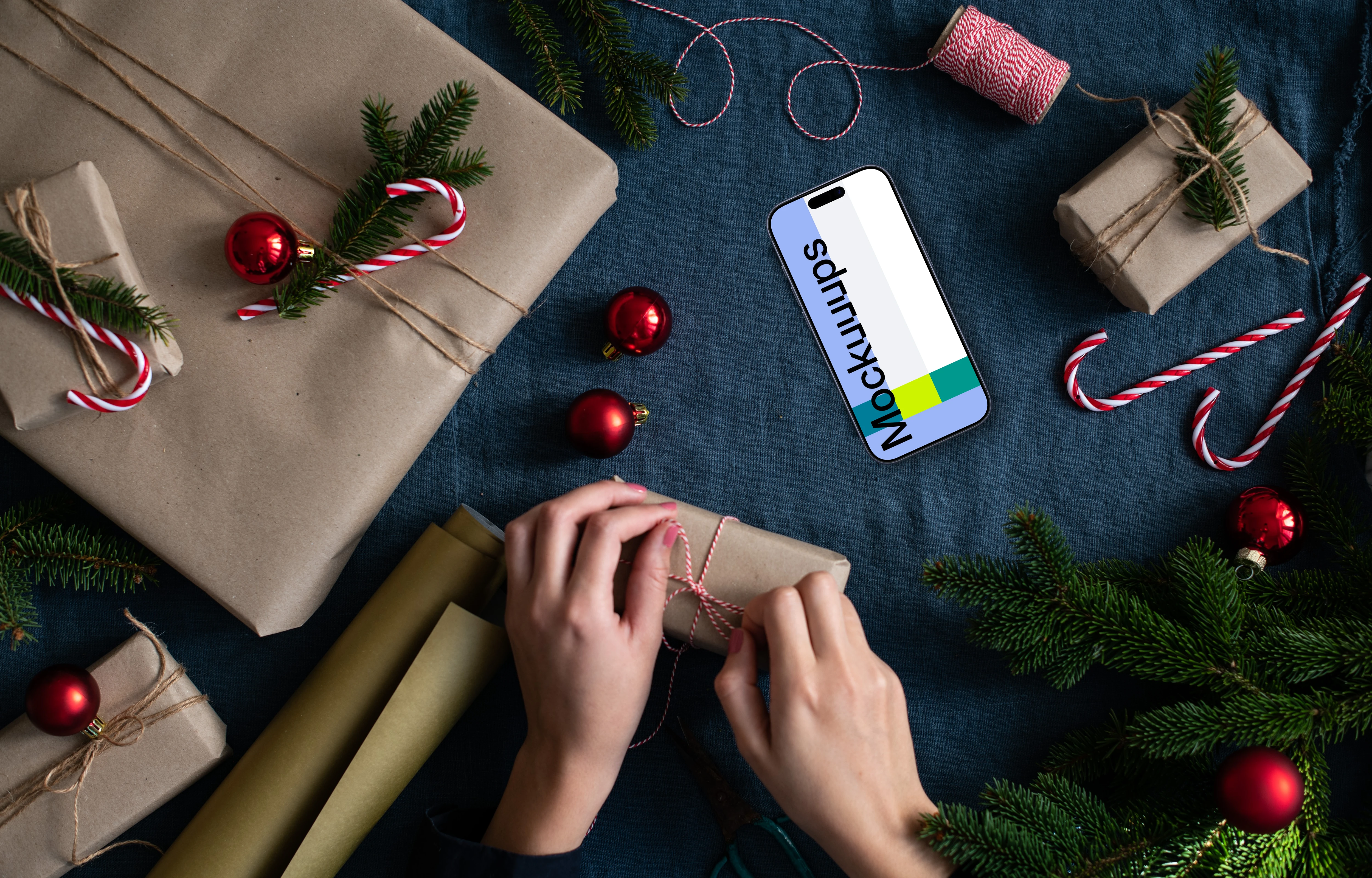 Xmas gift mockup with a smartphone