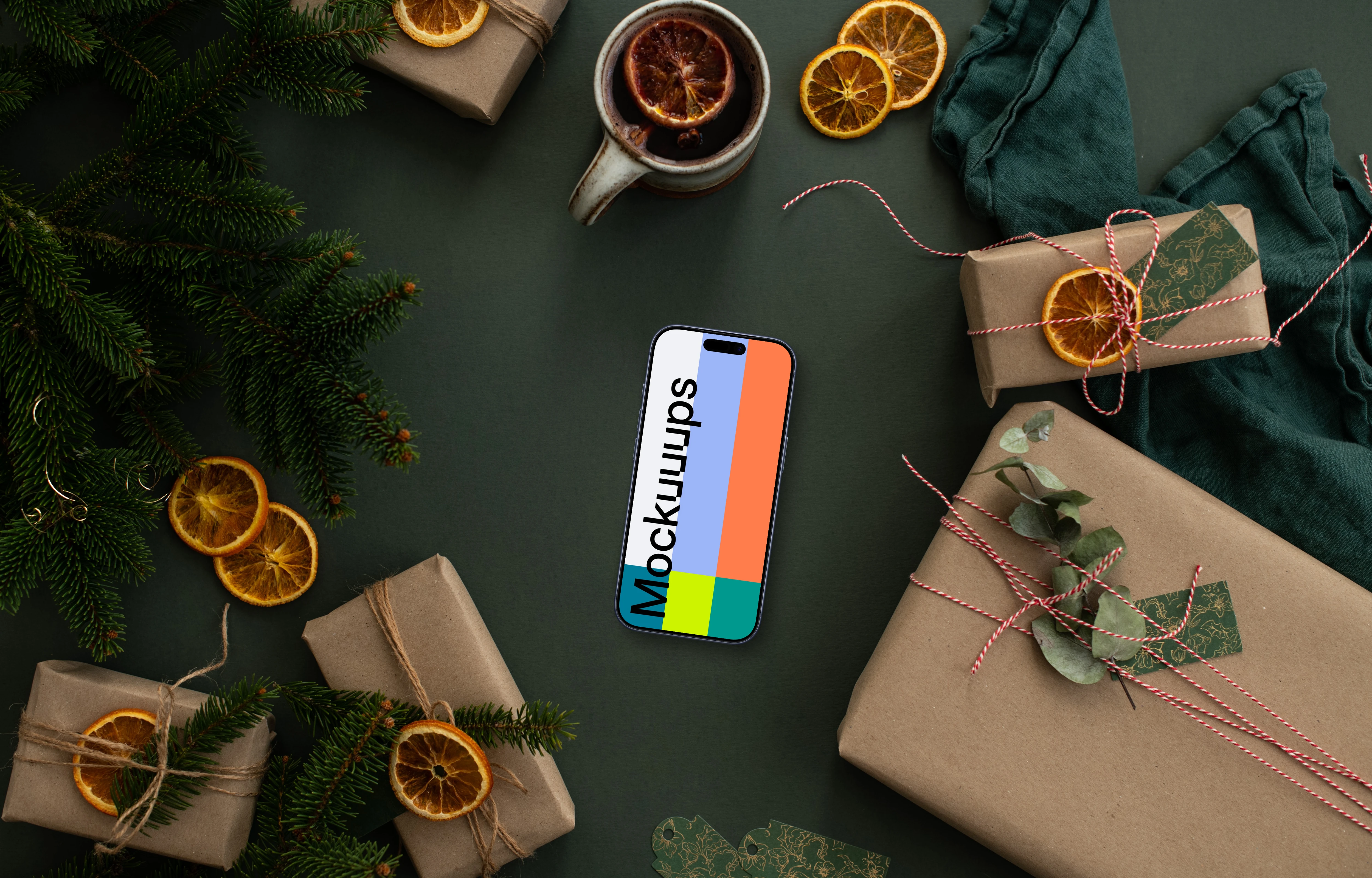 Christmas gifts and smartphone mockup