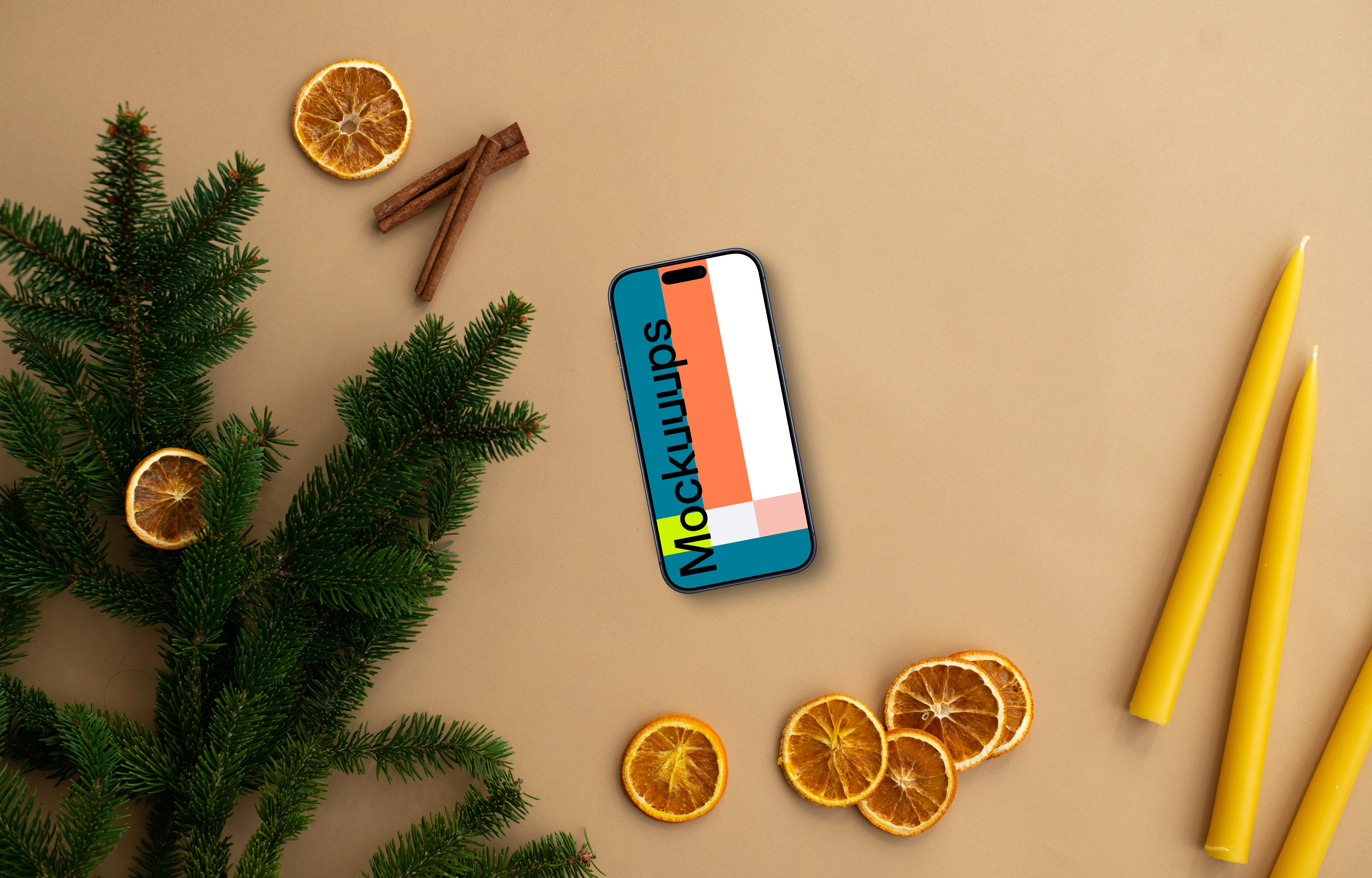 Christmas phone mockup on beige background