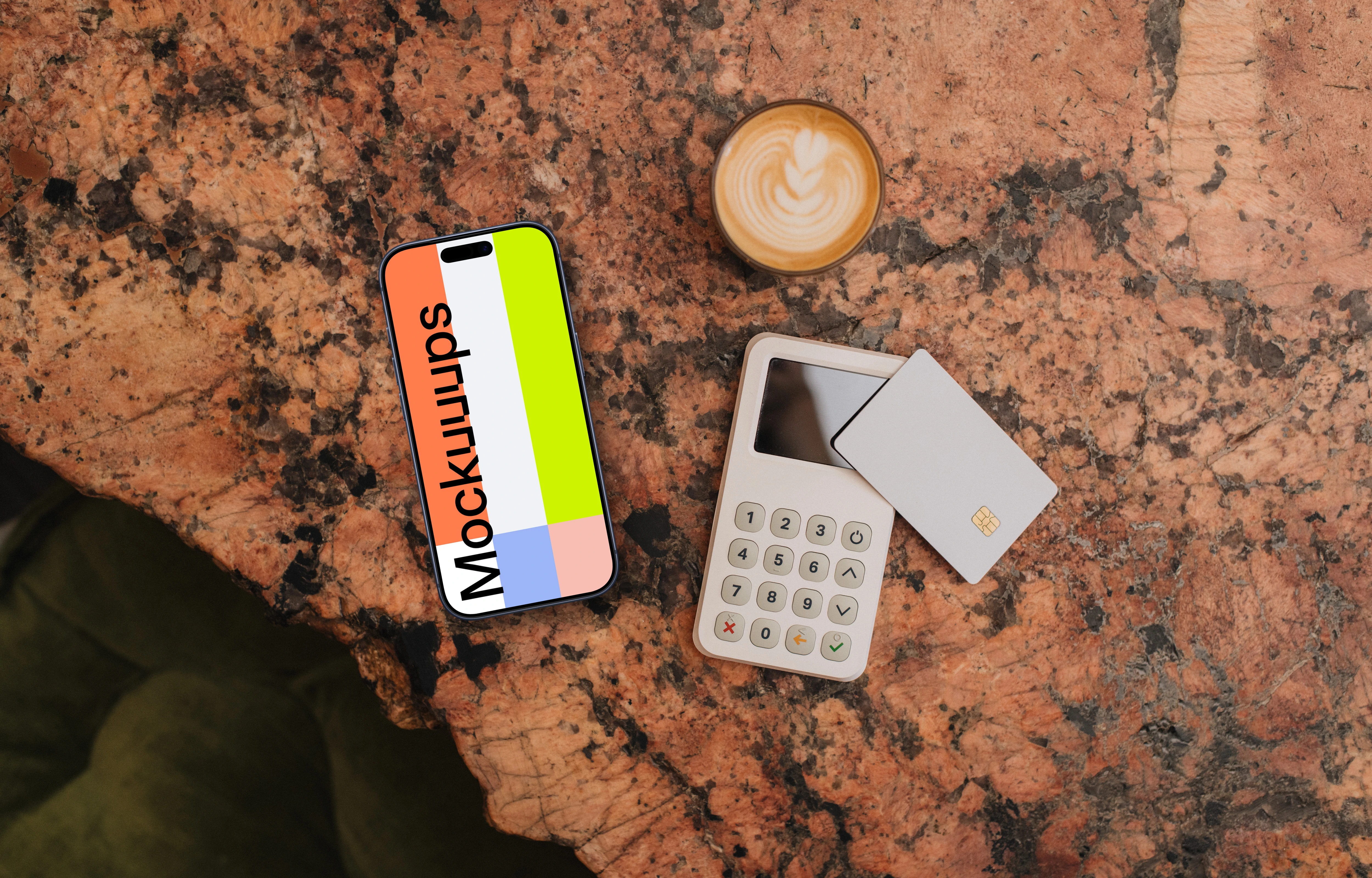 Coffee, payment terminal and an iPhone mockup