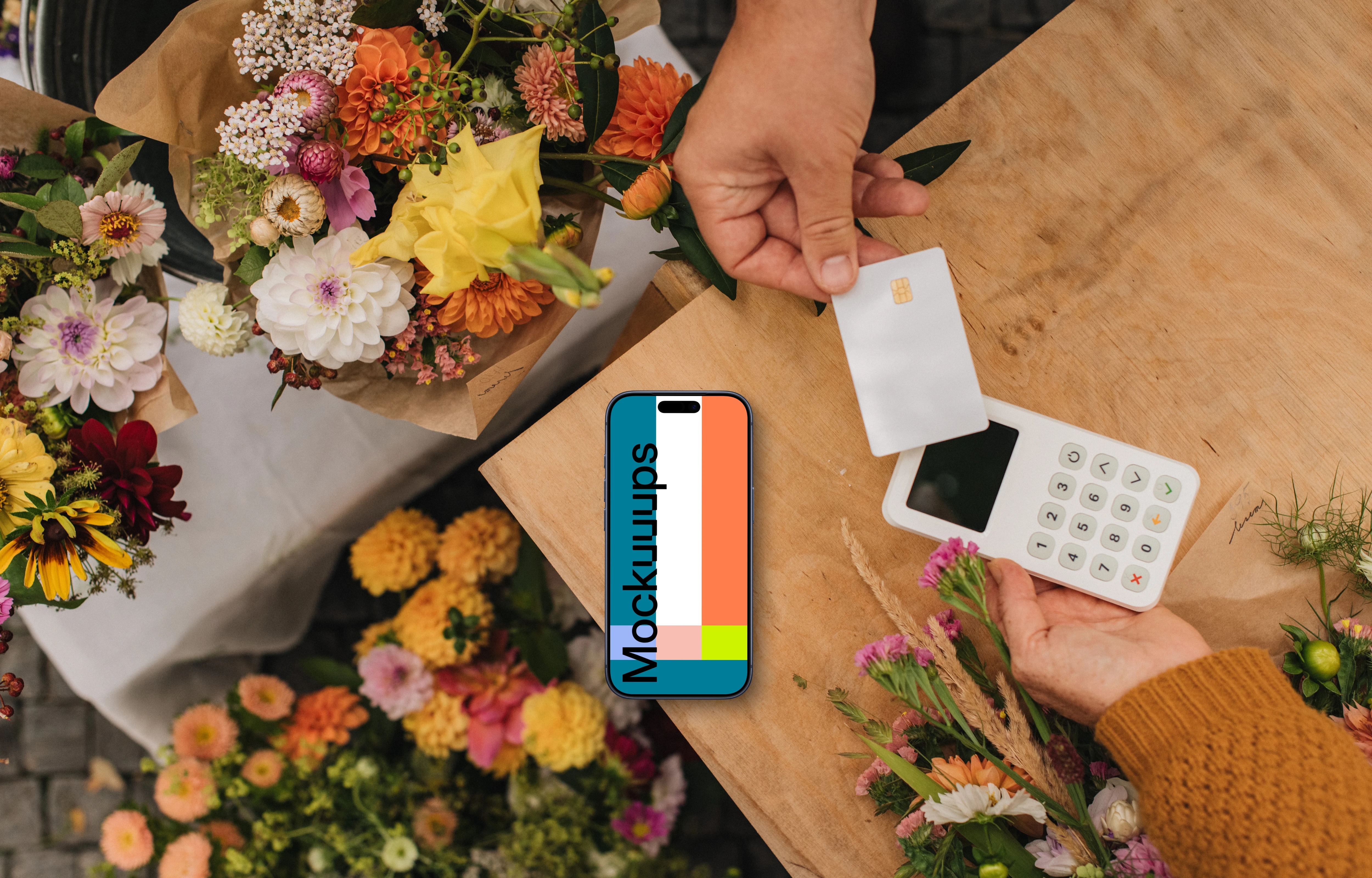 Flower shop interior with an iPhone mockup and contactless payment