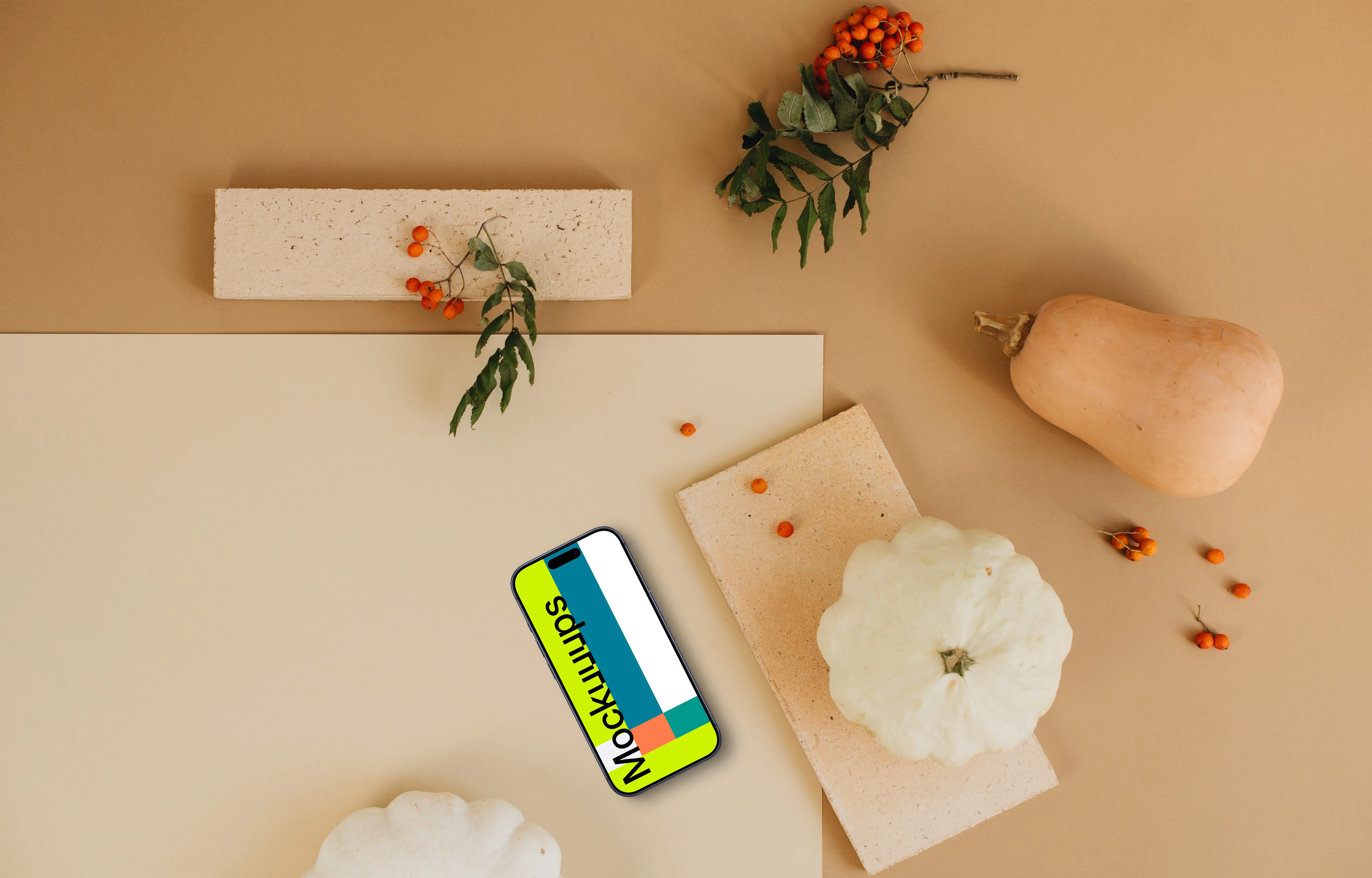 Top view of smartphone mockup with geometric bricks