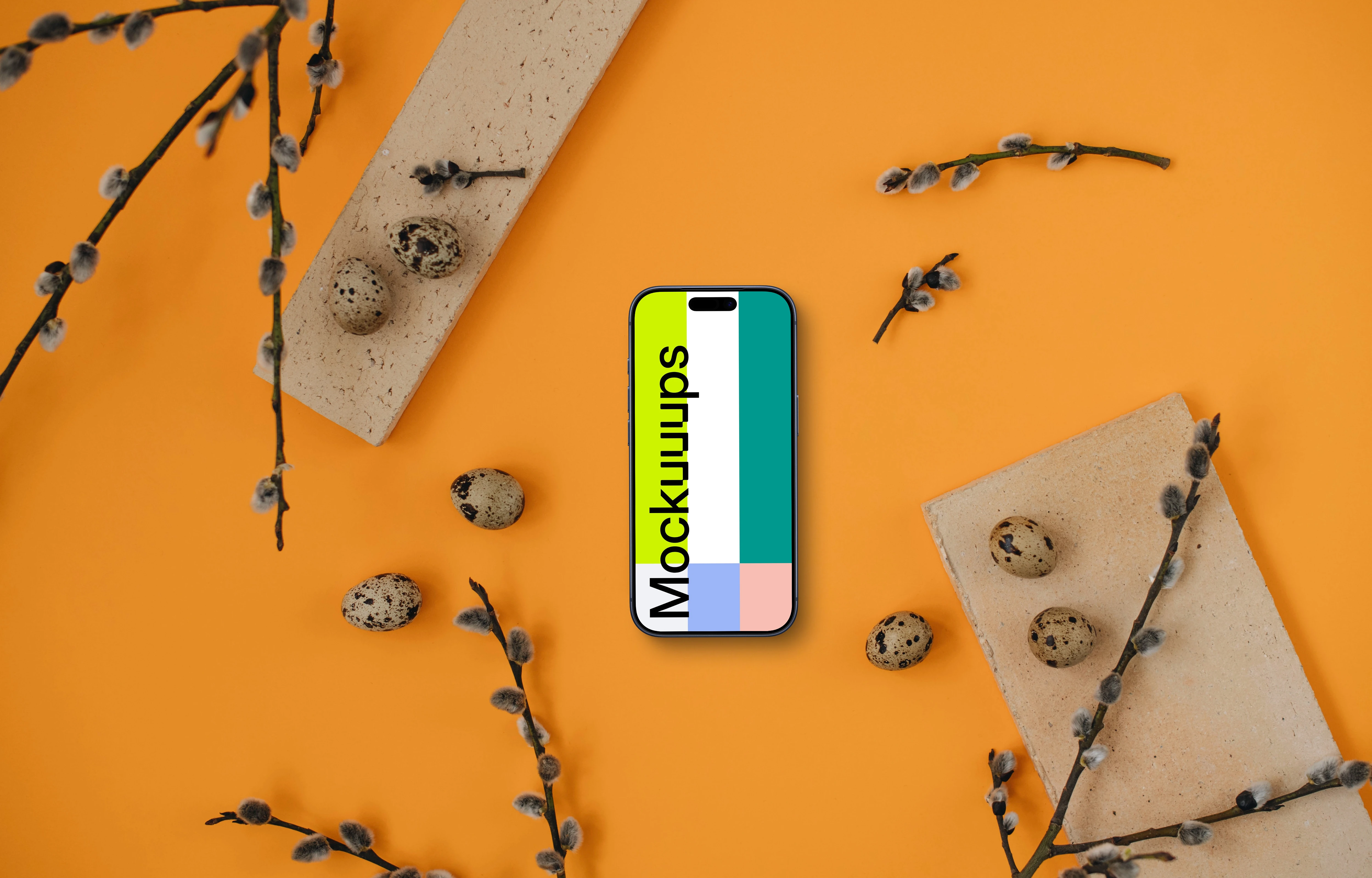 Smartphone mockup with Easter theme on an orange table