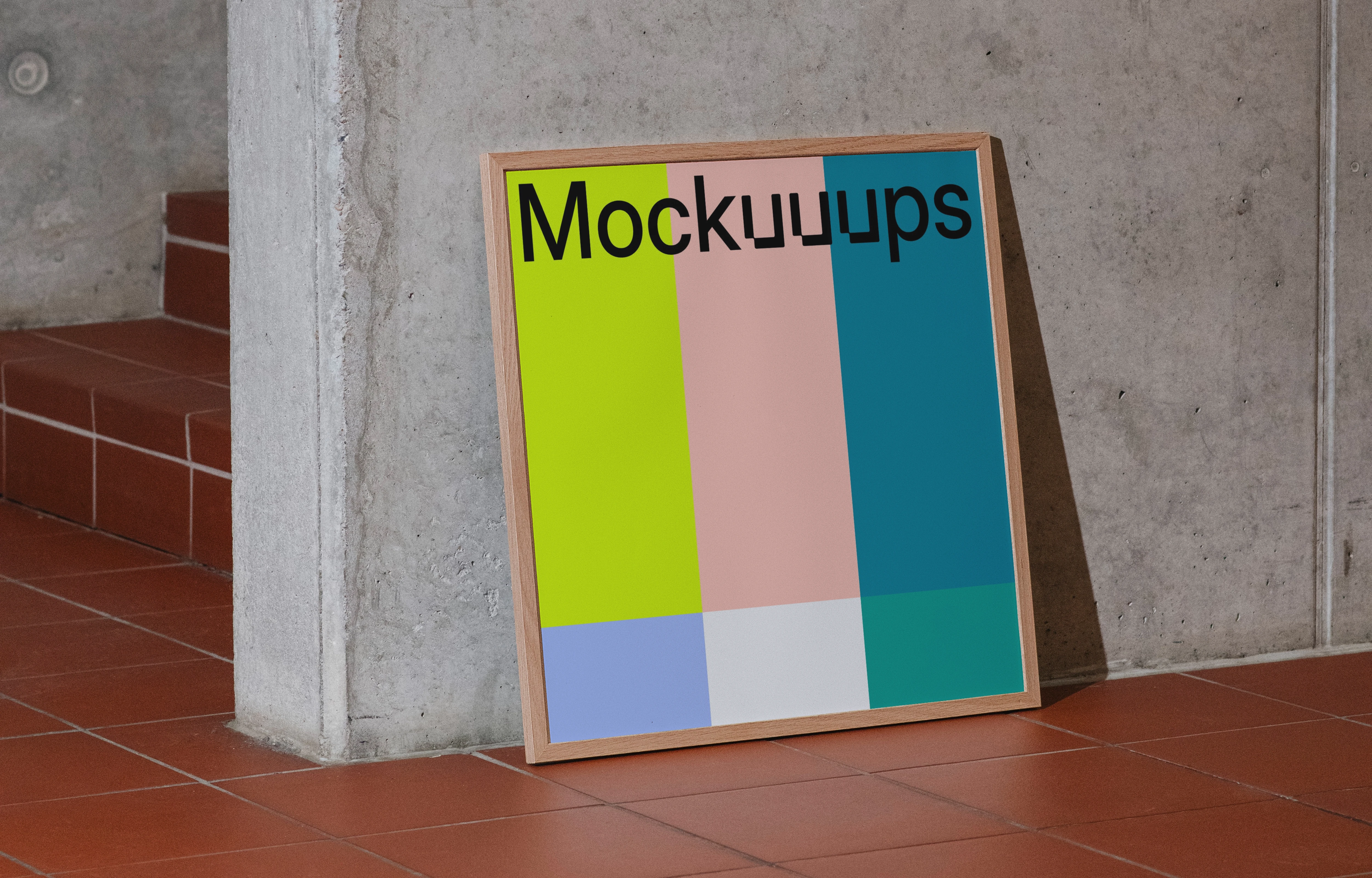 Poster mockup against a concrete wall with tiled floor