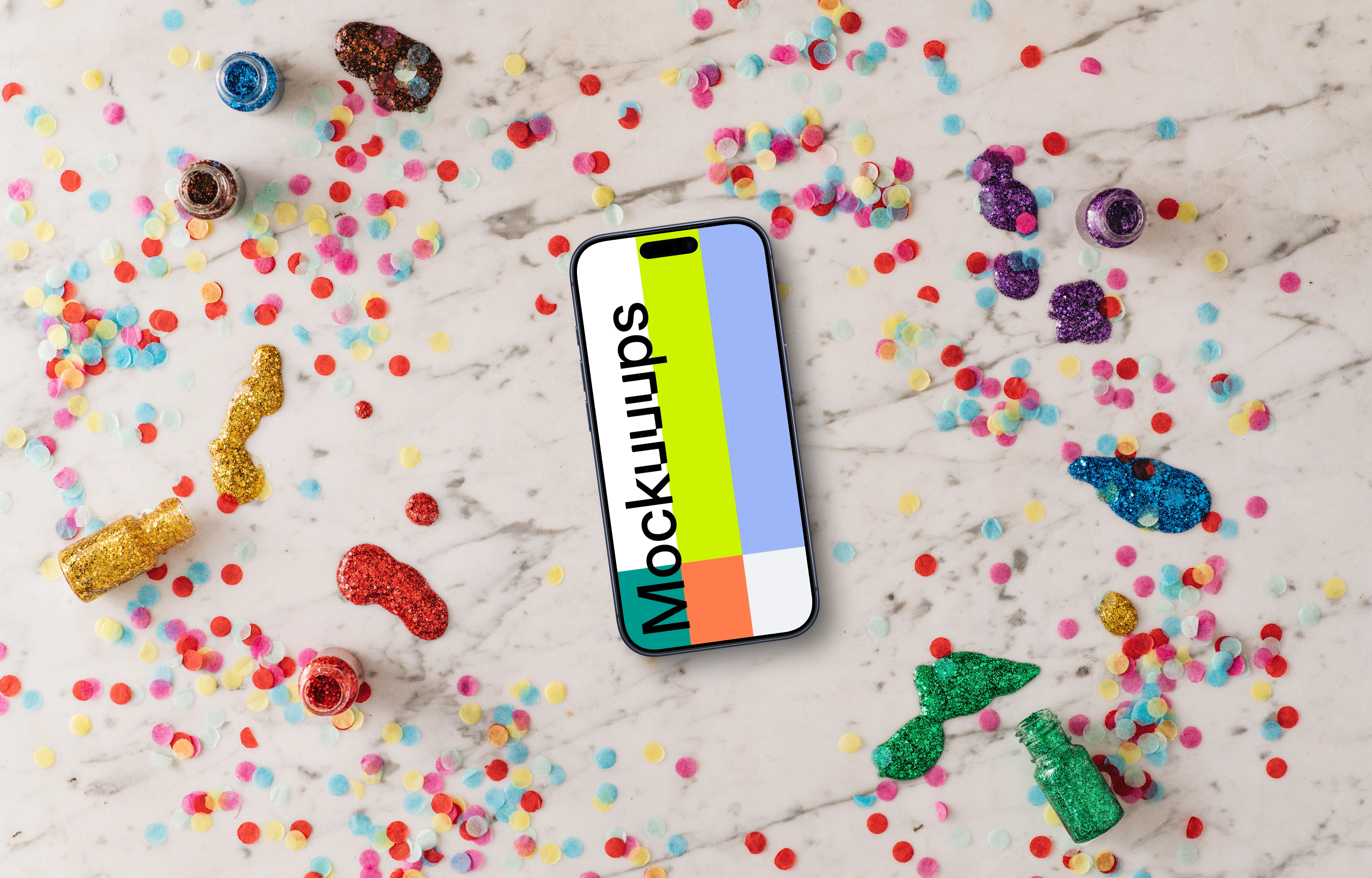 Smartphone mockup in a rainbow glitter scene