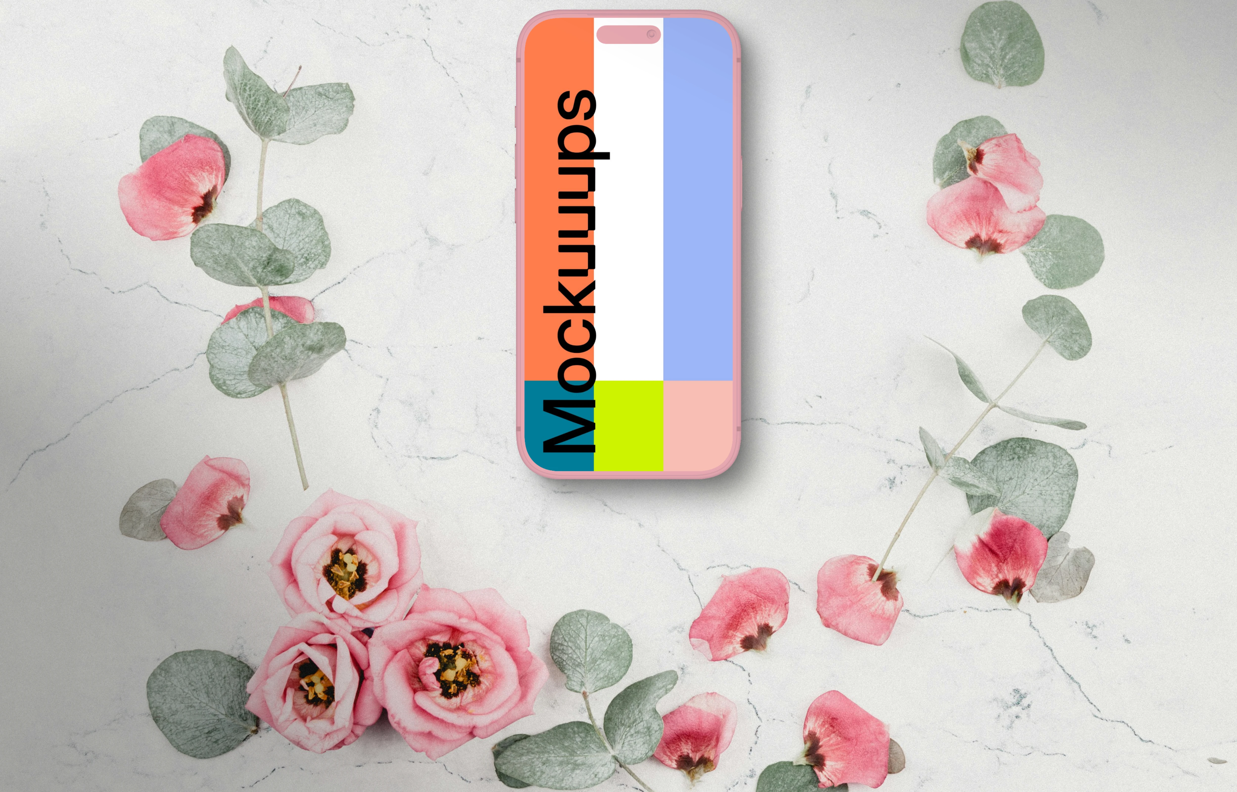 Pink Clay Smartphone mockup surrounded by flowers