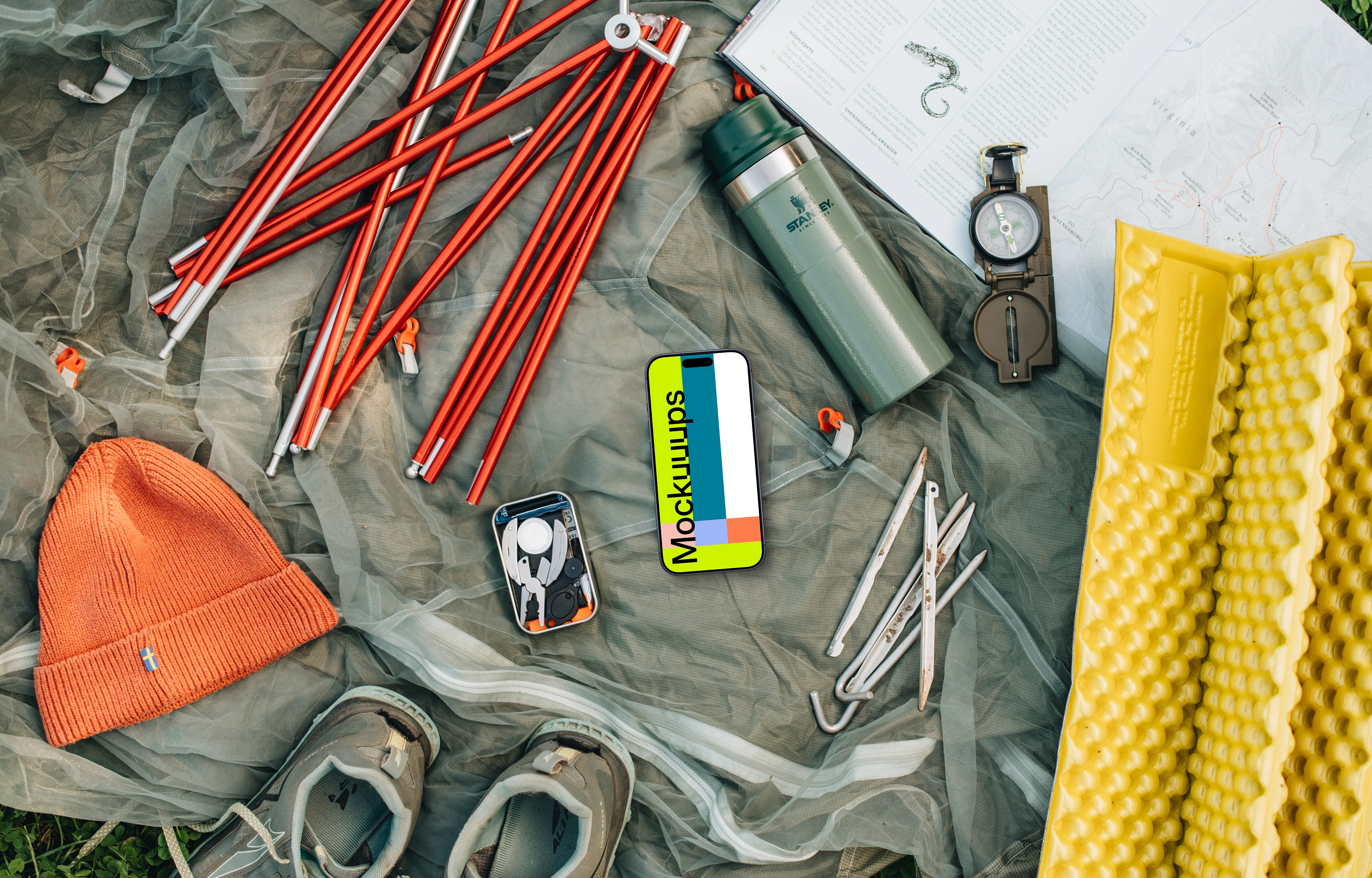 Camping grounds with a smartphone mockup