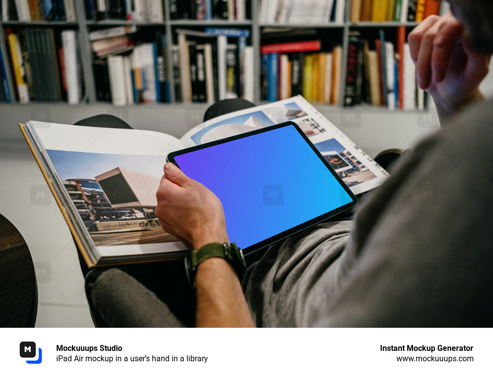 iPad Air mockup in a user’s hand in a library