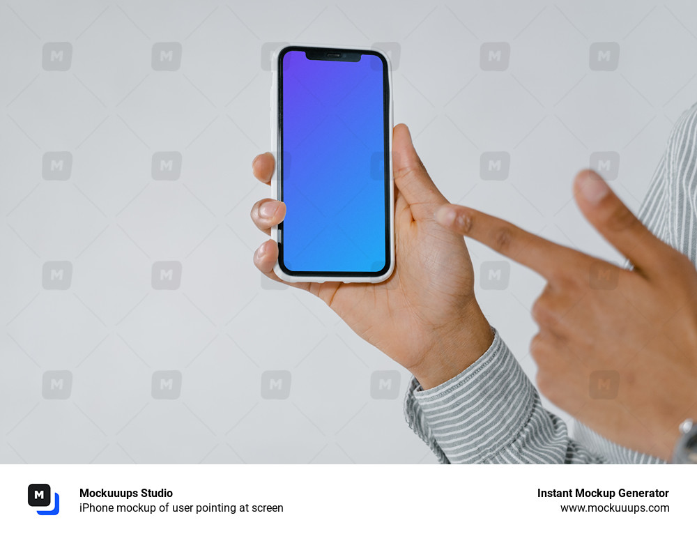 iPhone mockup of user pointing at screen
