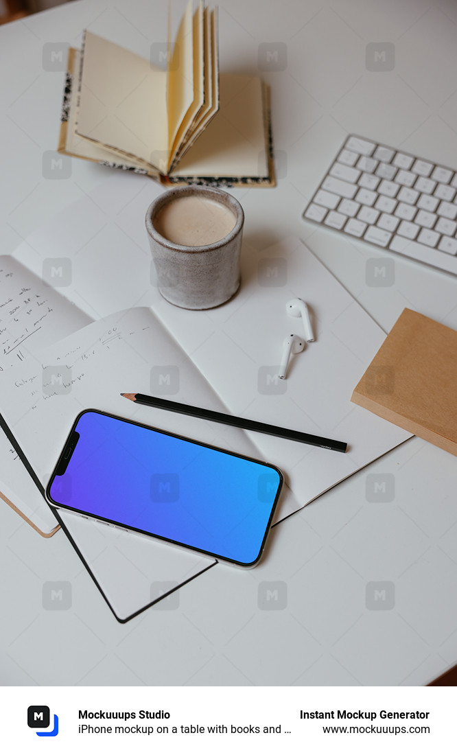 iPhone mockup on a table with books and a wireless keyboard by the side.