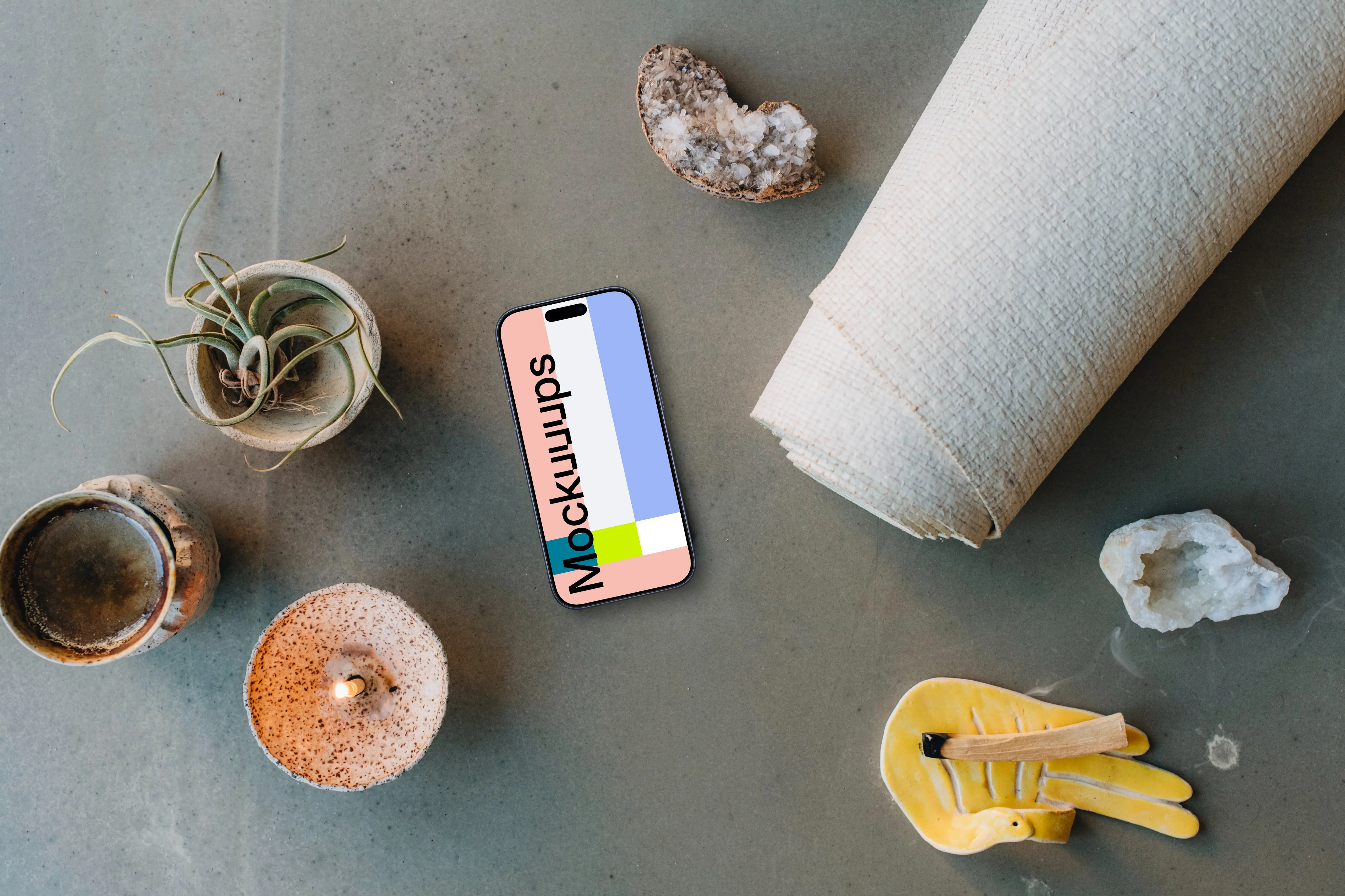 Calm and peaceful setting with an iPhone mockup