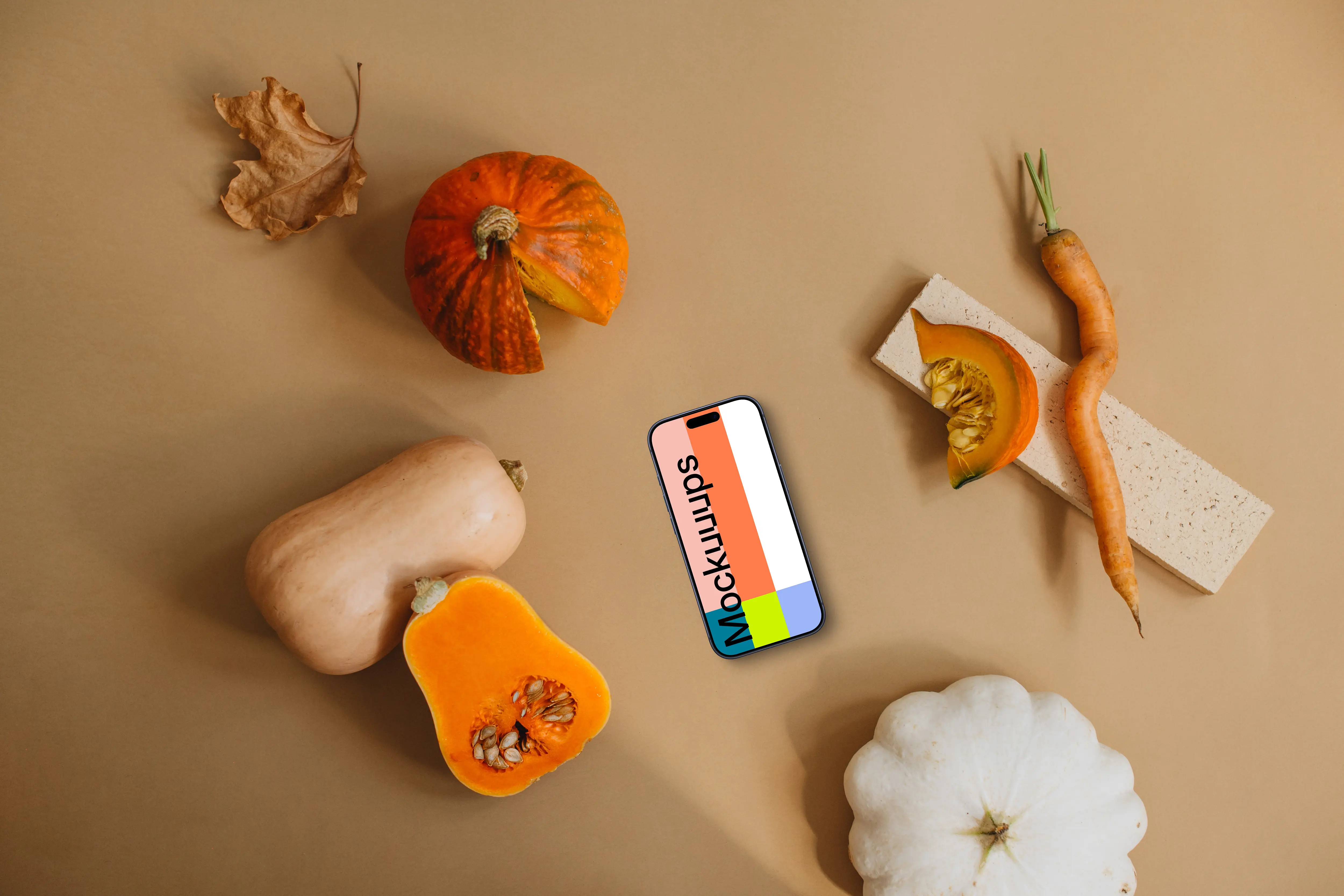 Phone mockup next to vegetables