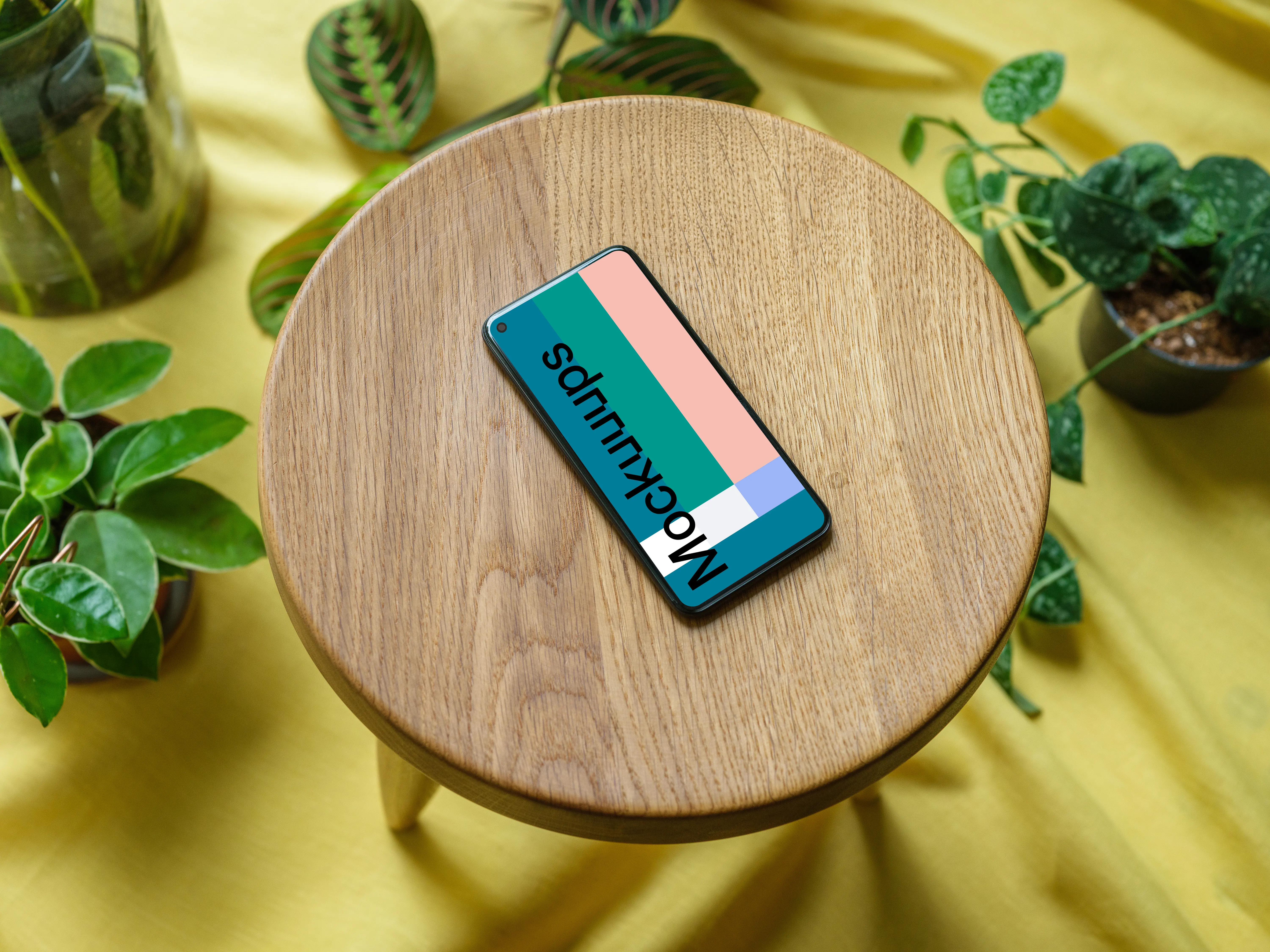 Pixel 5 mockup on a kitchen stool