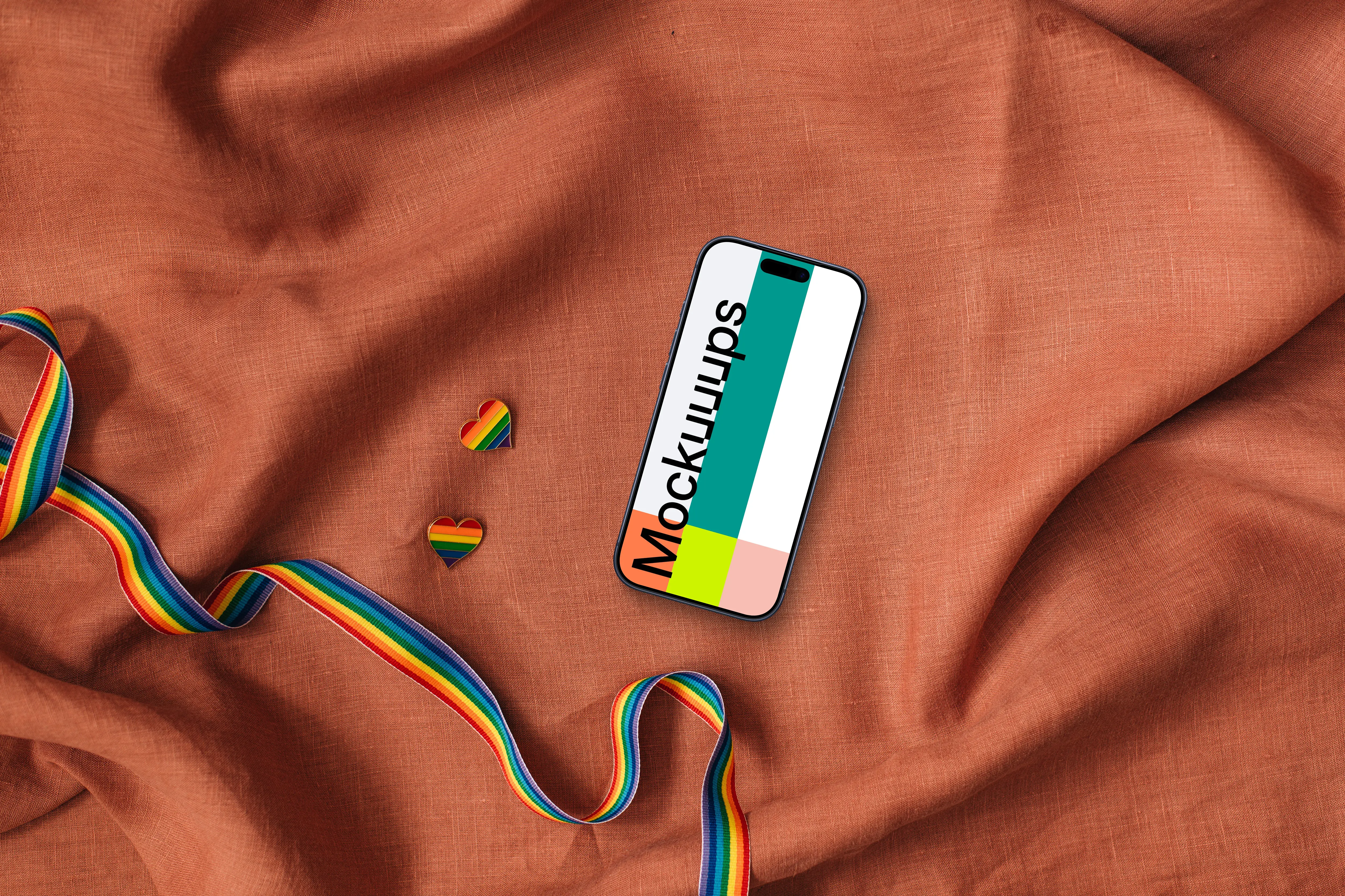 Smartphone mockups with LGBT themed ribbon and pins