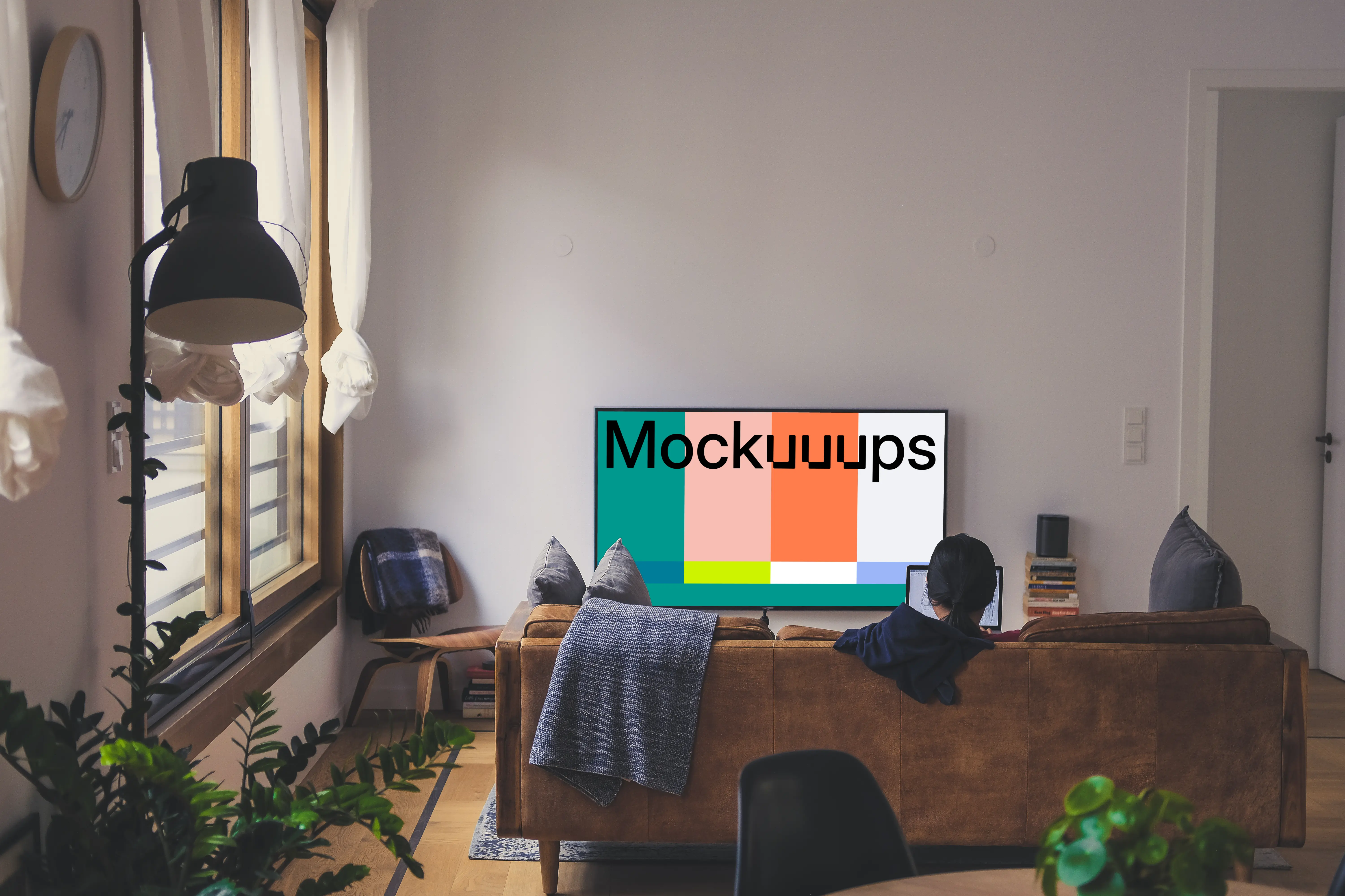 Television mockup in a cozy living room