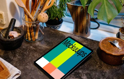 iPad Air mockup on a black kitchen countertop