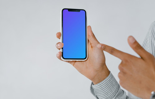 iPhone mockup of user pointing at screen