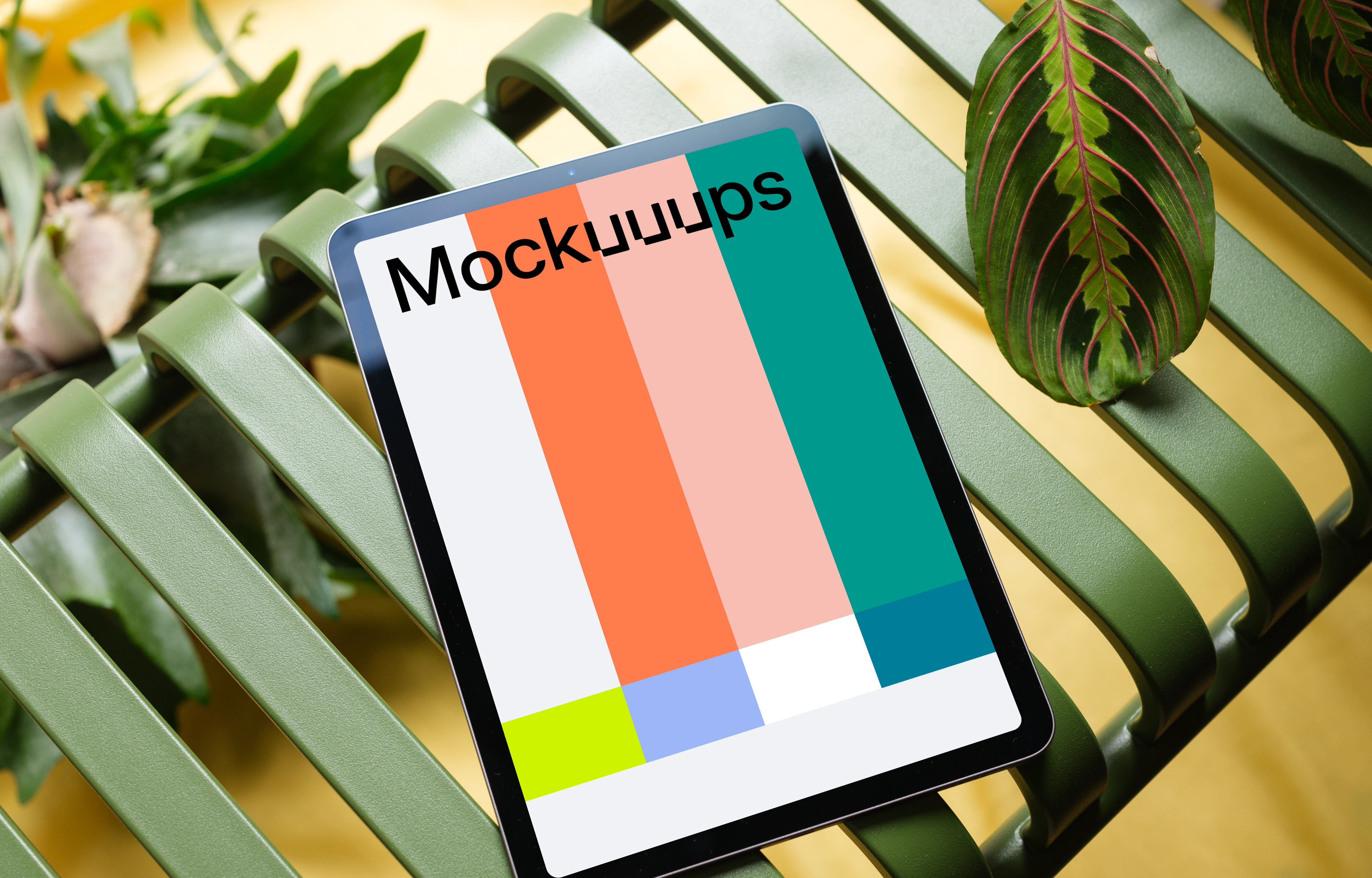 iPad Air mockup on a green bench