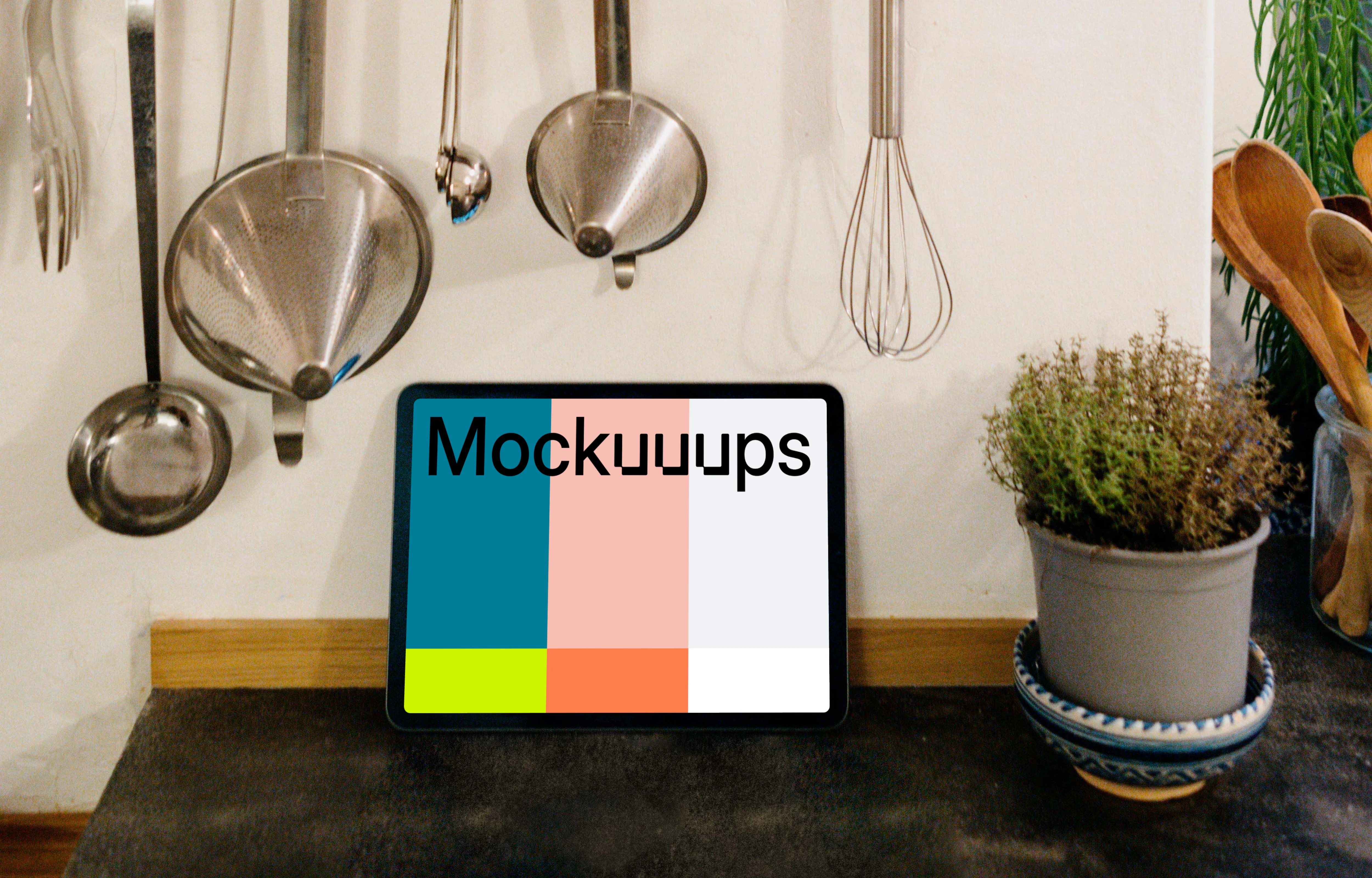 iPad Air mockup under a kitchen shelf