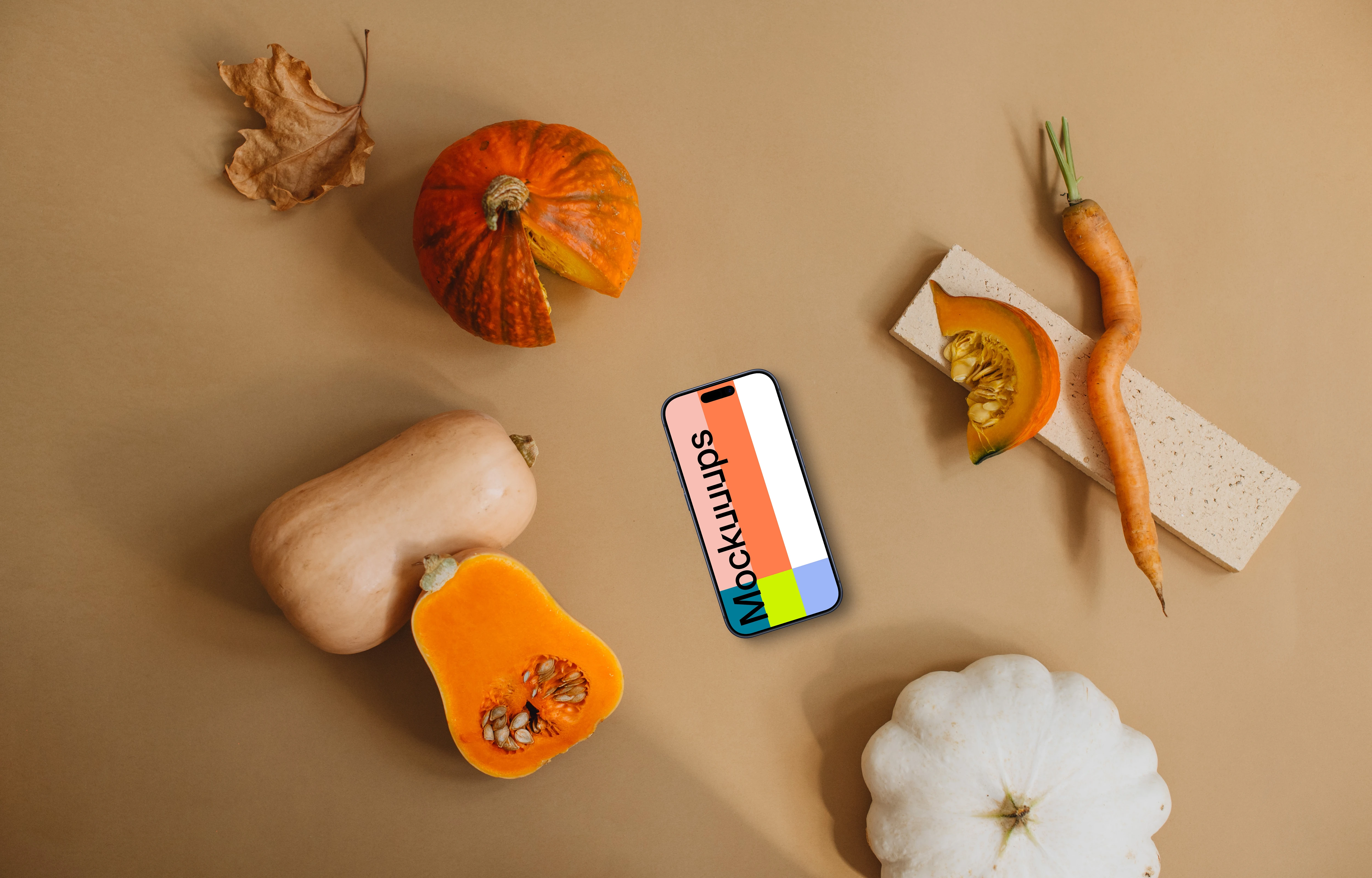 Phone mockup next to vegetables