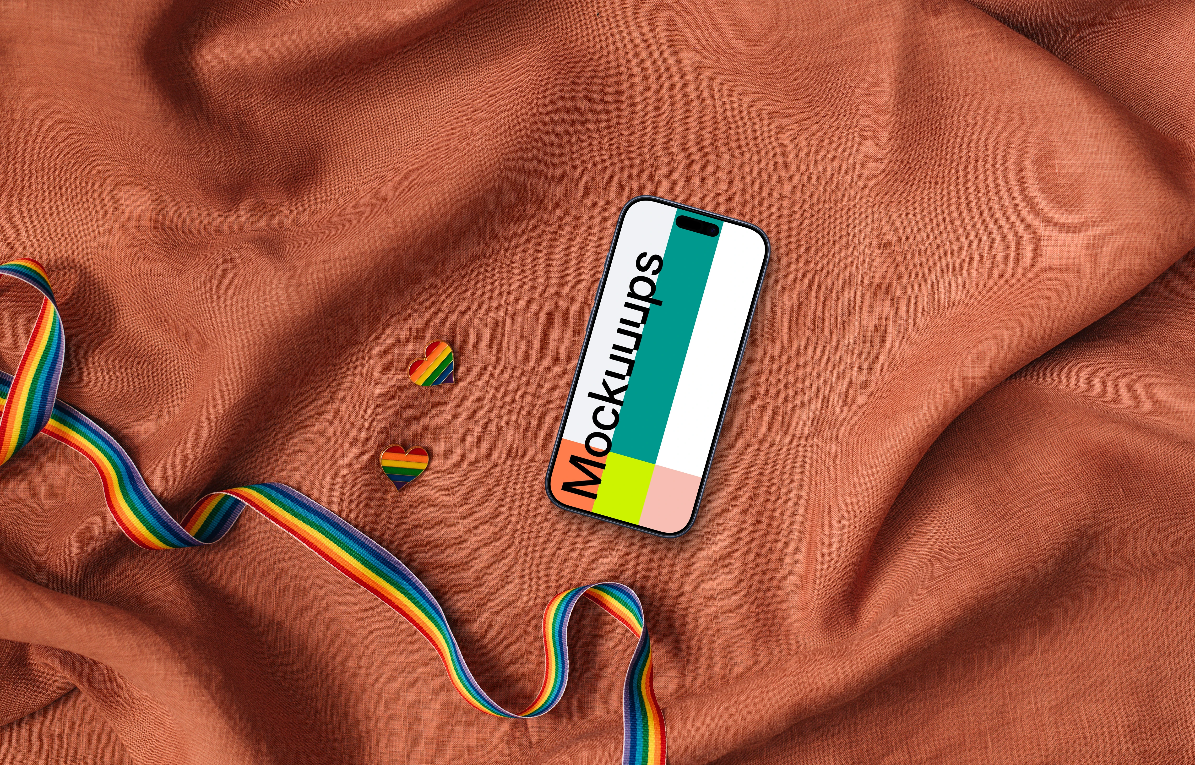 Smartphone mockups with LGBT themed ribbon and pins