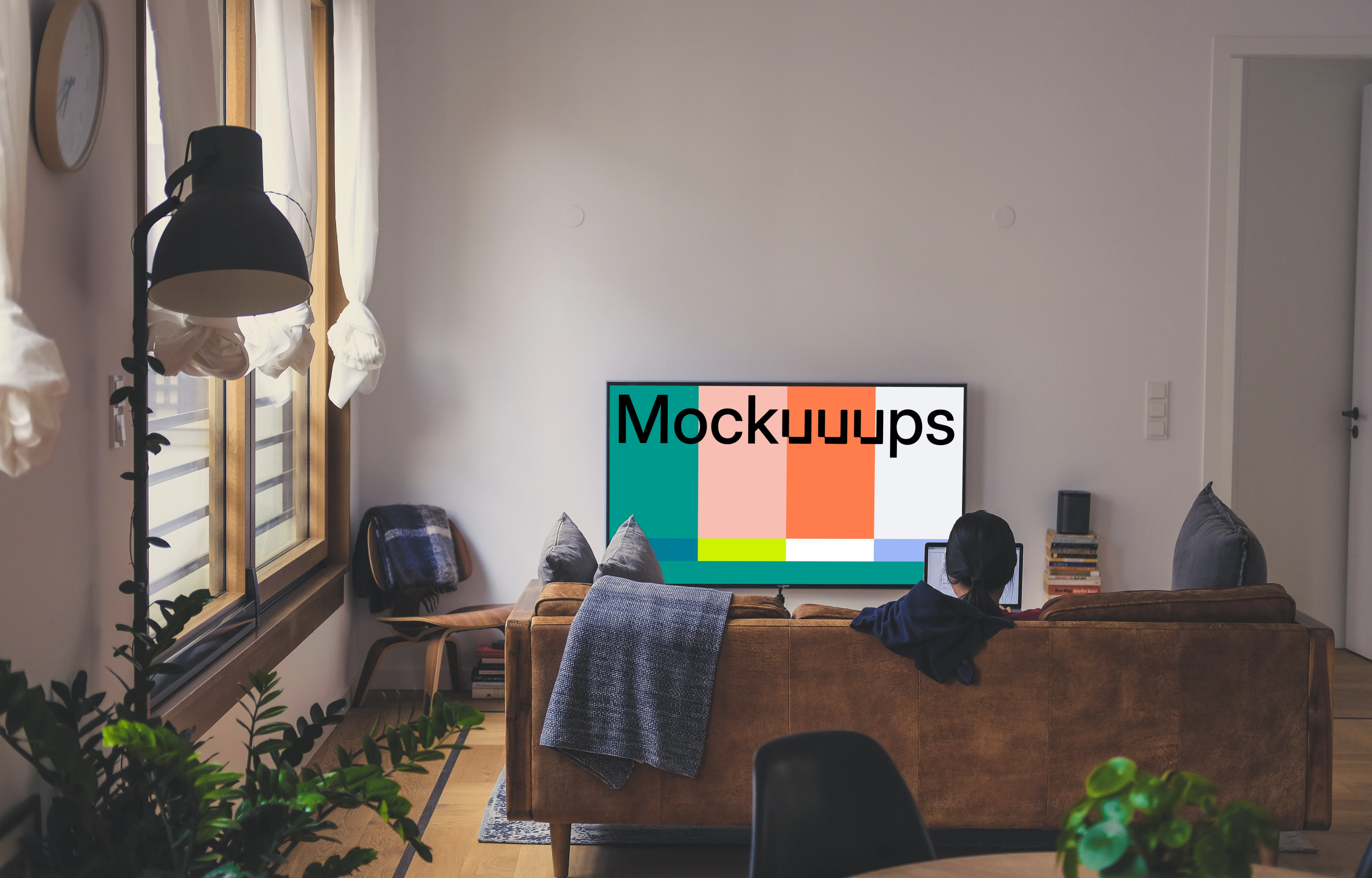 Television mockup in a cozy living room