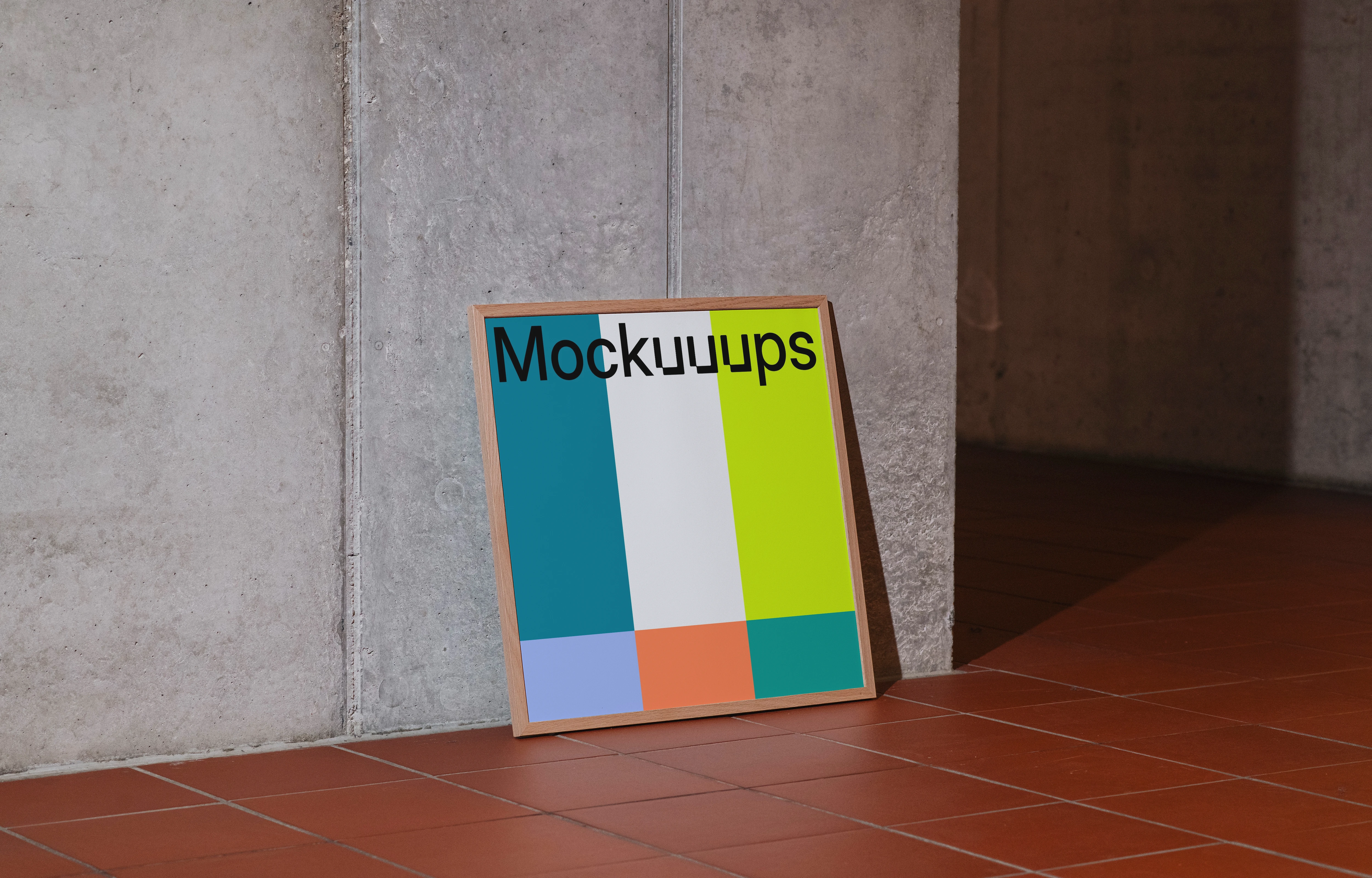 Wooden frame mockup leaning against a concrete wall