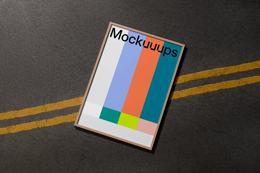 A3 frame mockup on asphalt with yellow road markings mockup