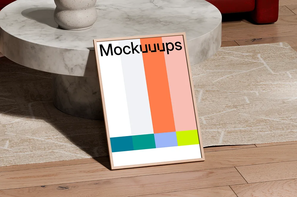 A3 poster mockup leaning on a marble coffee table mockup