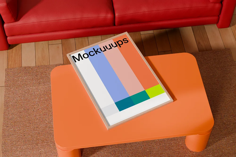 A3 poster mockup on a vibrant coffee table with red sofa mockup