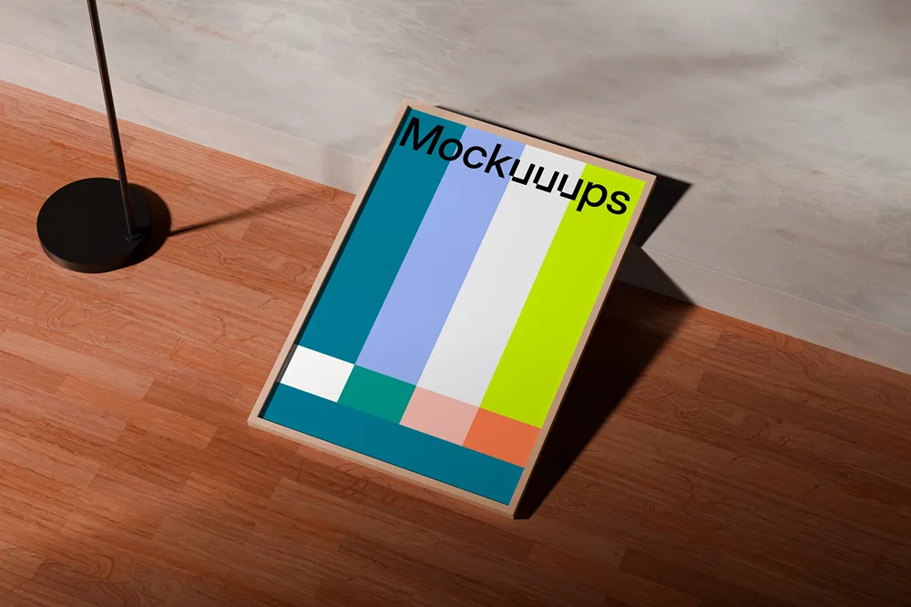 Free A3 poster mockup with wooden frame on a wooden floor mockup