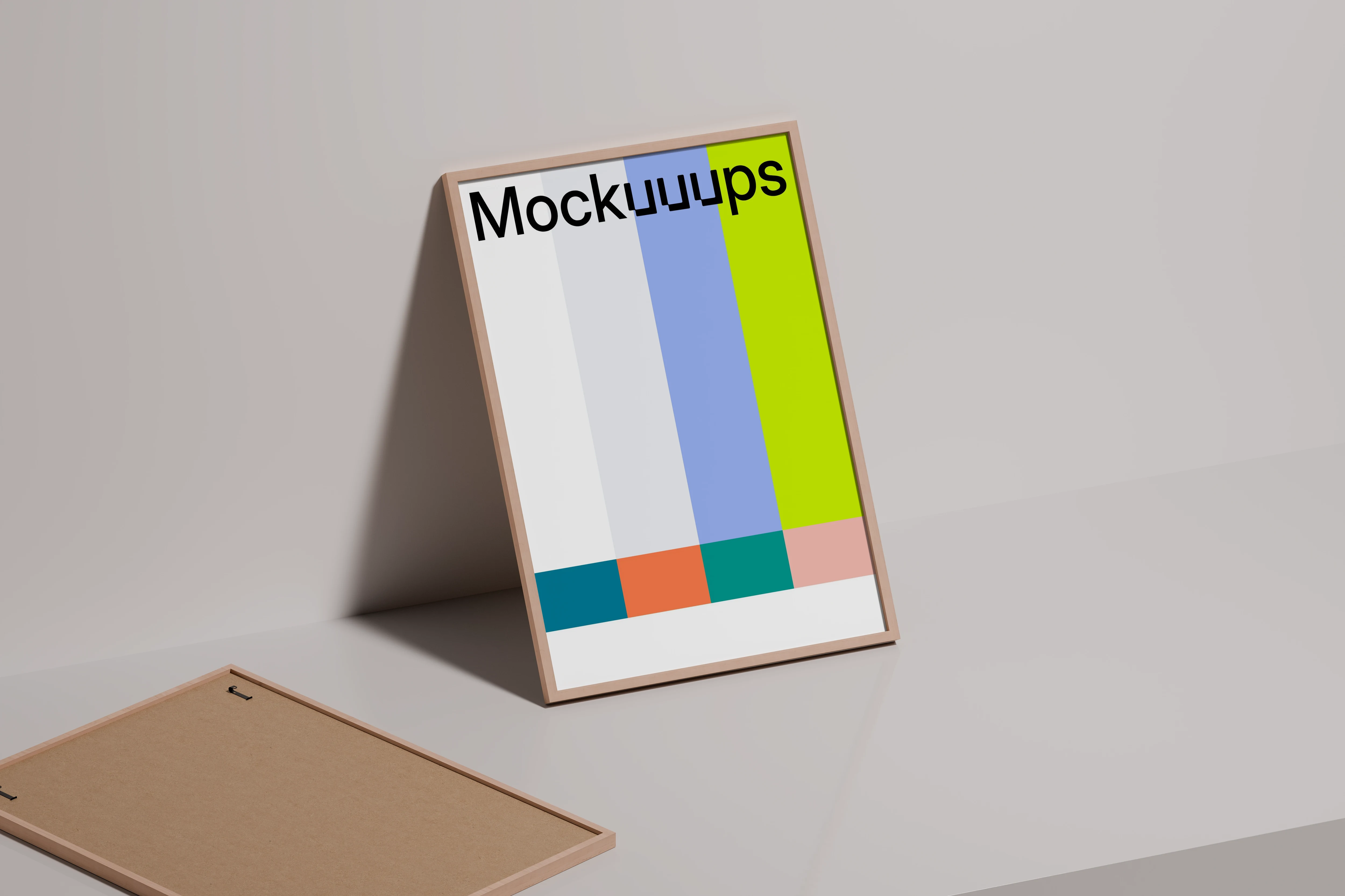 A3 poster mockup with wooden frame on minimal surface mockup