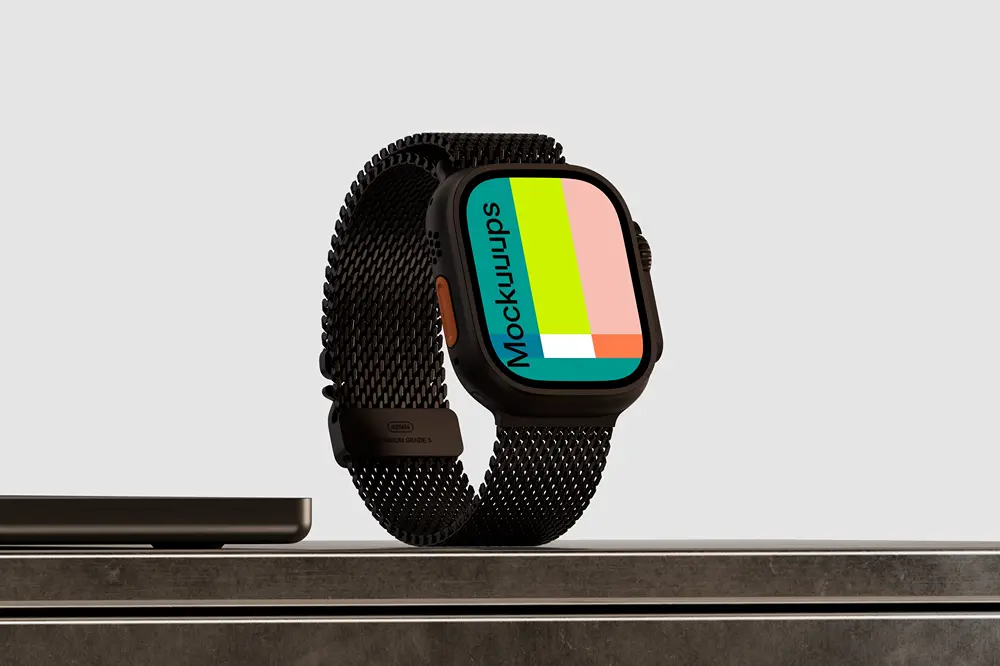 Apple Watch Ultra mockup on a modern table mockup