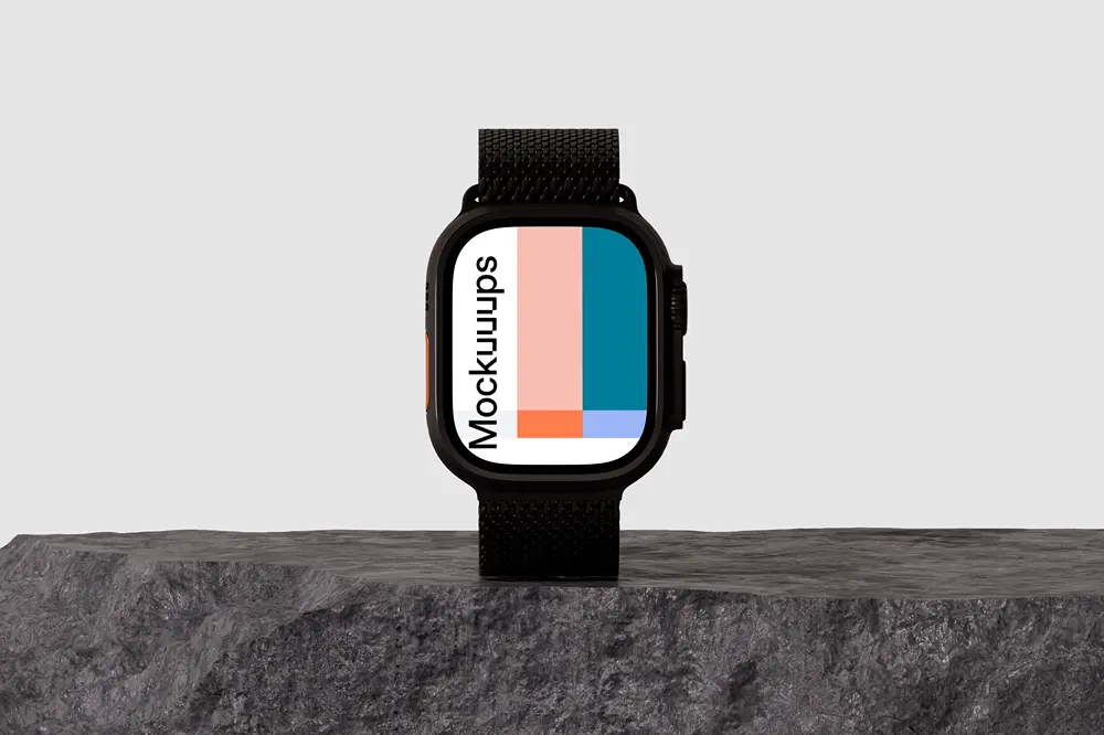 Apple Watch Ultra mockup on a textured stone surface mockup