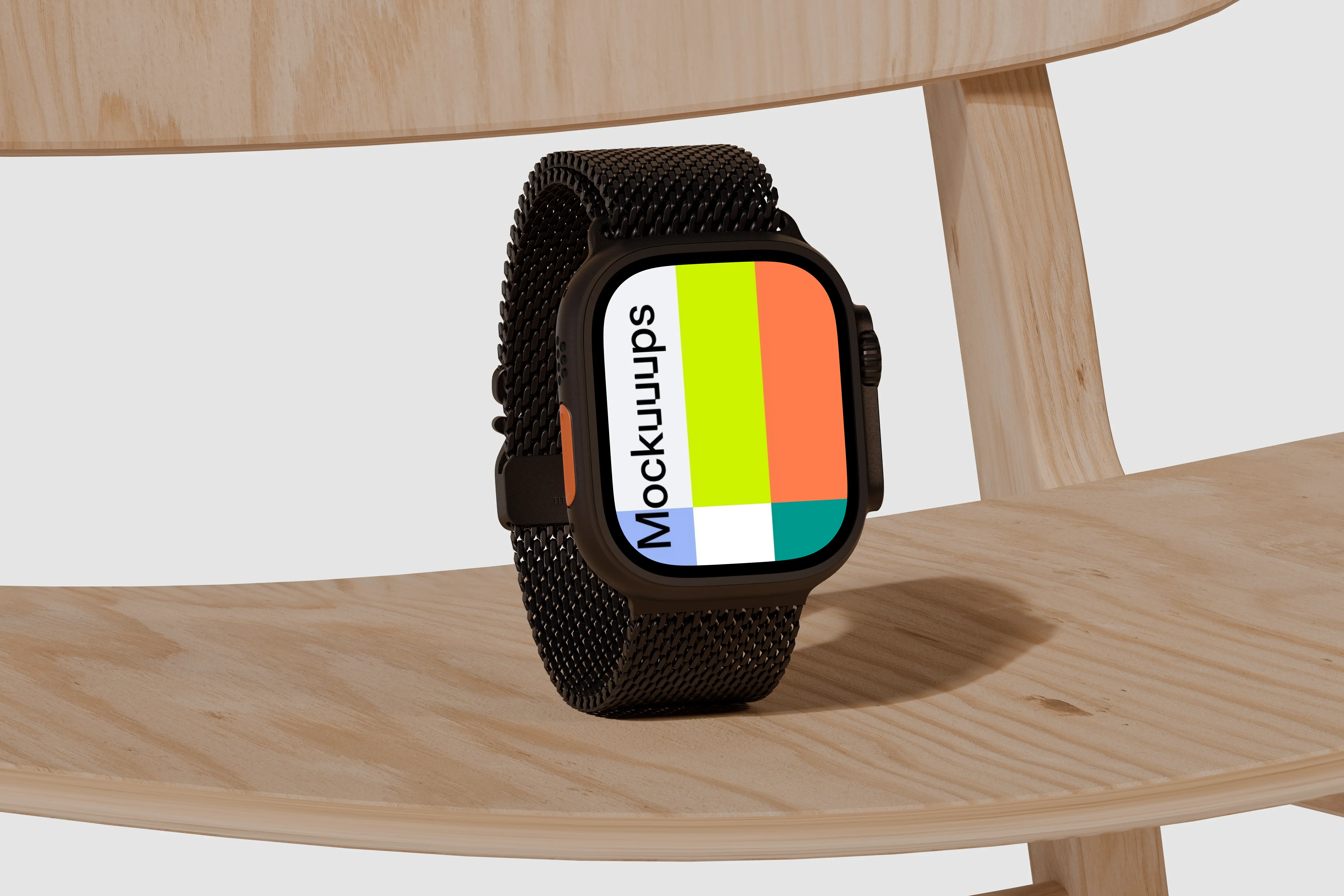 Apple Watch Ultra mockup on a wooden chair mockup