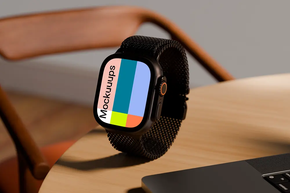 Apple Watch Ultra mockup on a wooden desk mockup