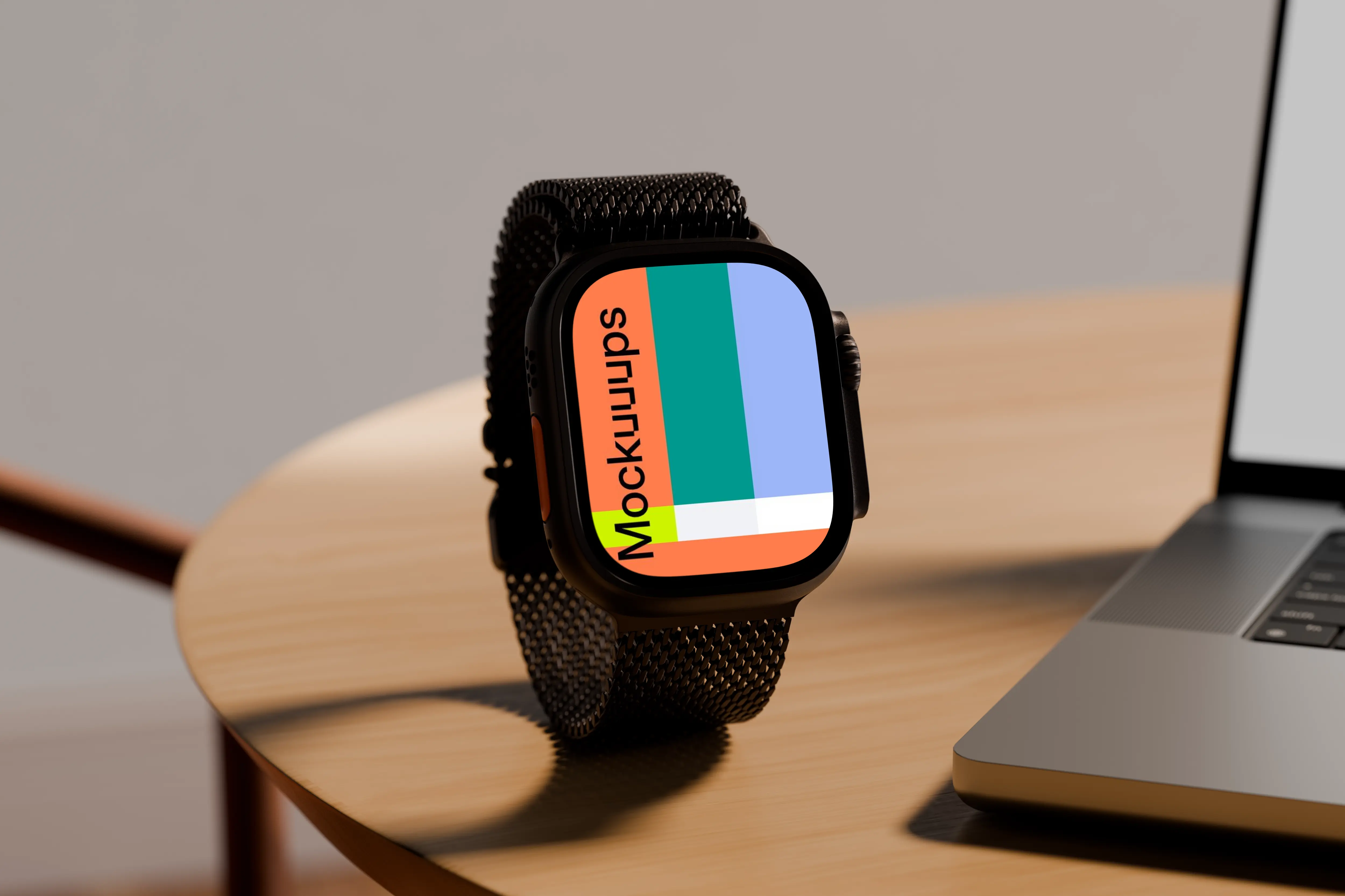 Apple Watch Ultra mockup on a wooden table next to a laptop mockup