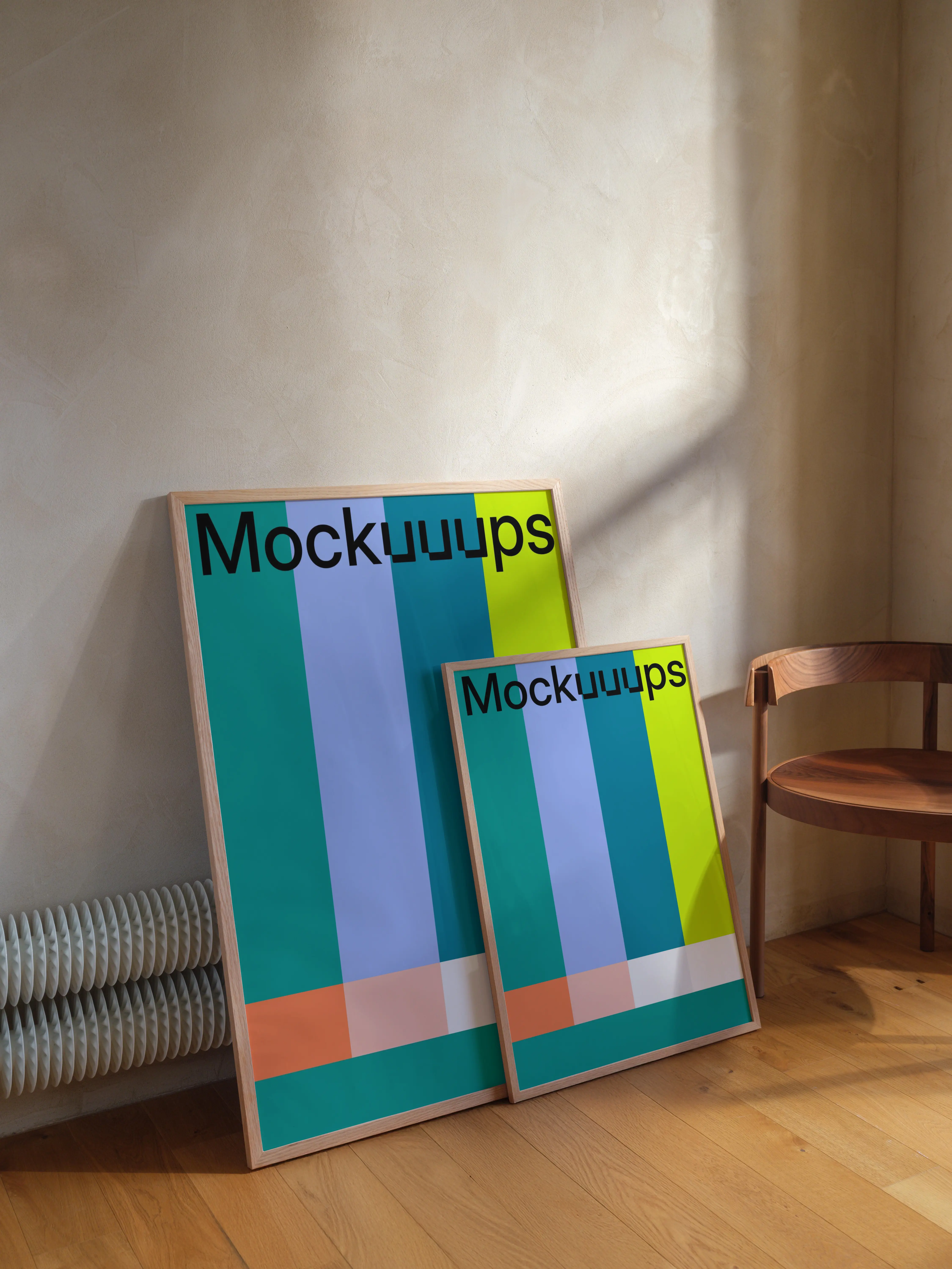Framed poster mockup leaning against a wall with chair mockup