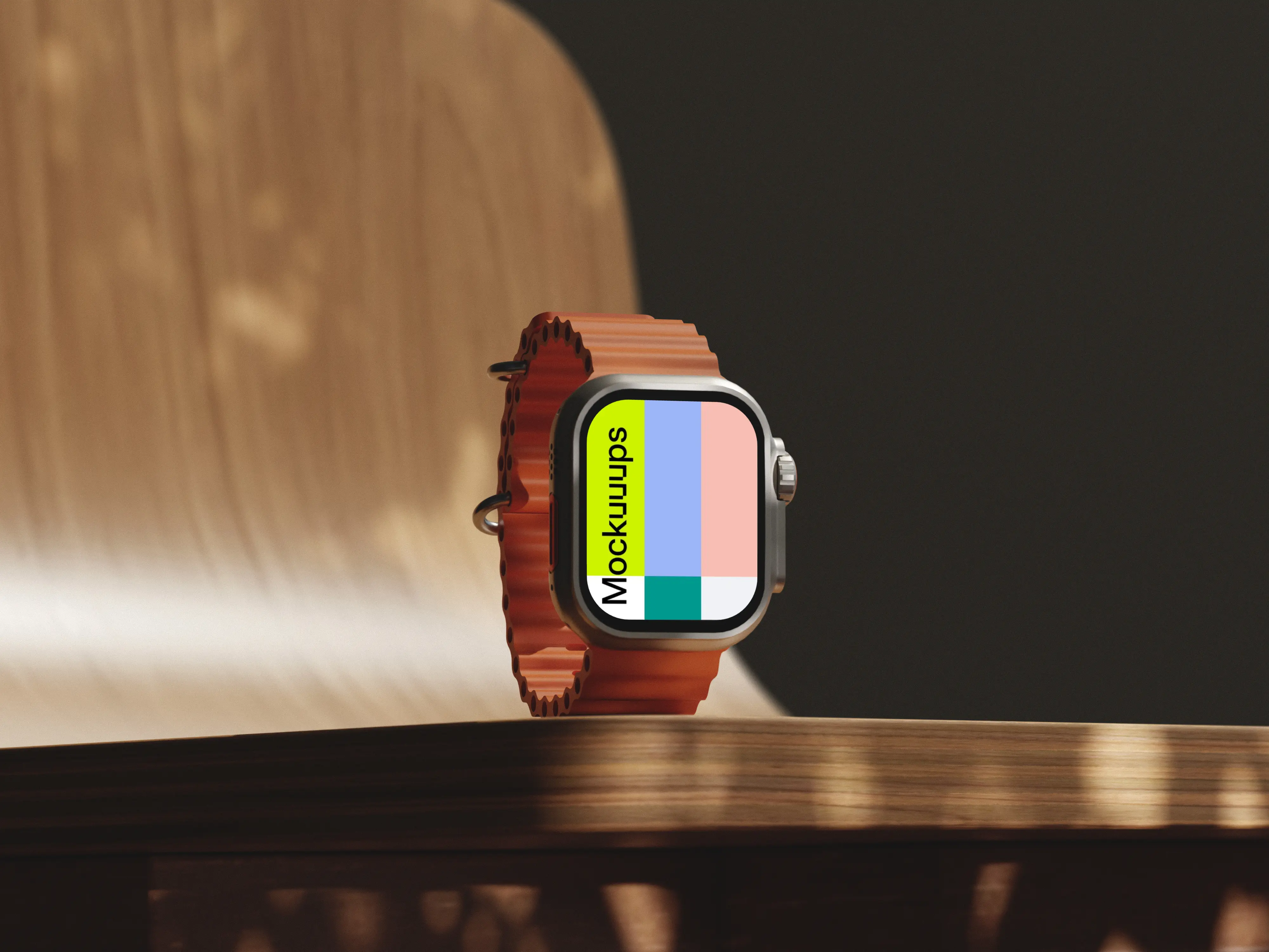 Free Apple Watch Ultra mockup on a wooden table mockup