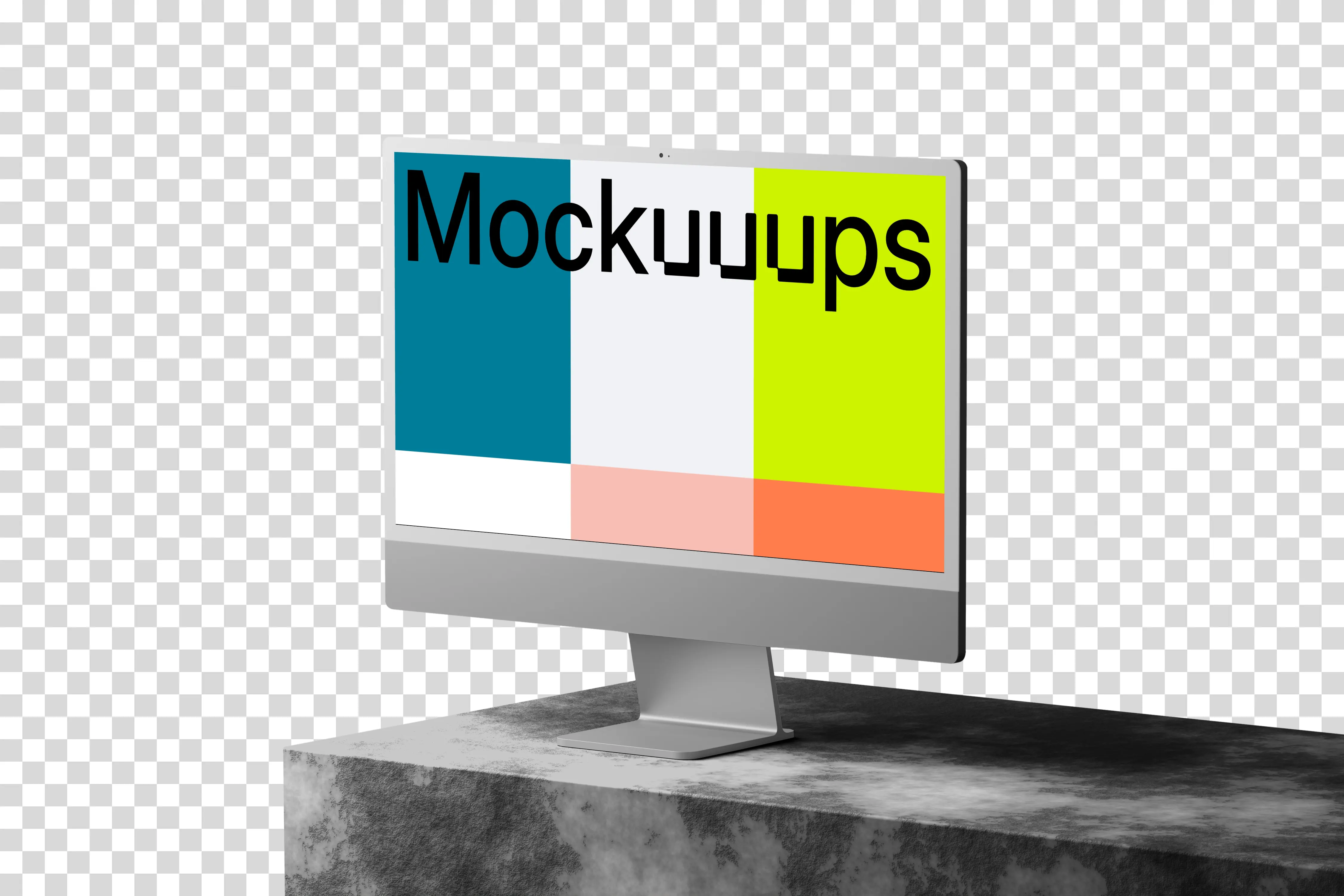 iMac 24 inch mockup on textured rock platform with dramatic shadows mockup