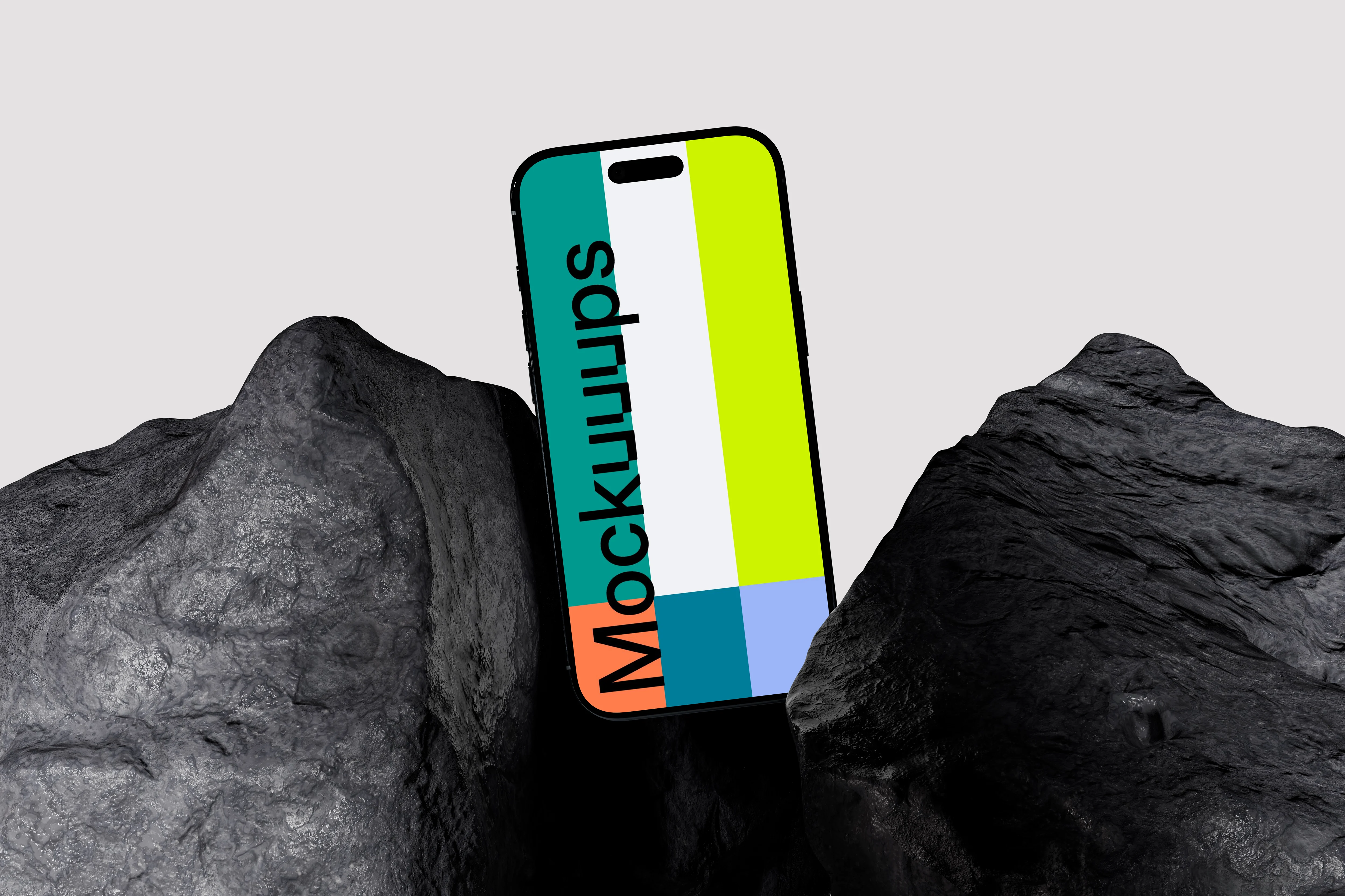 iPhone Air mockup between dark rocks mockup