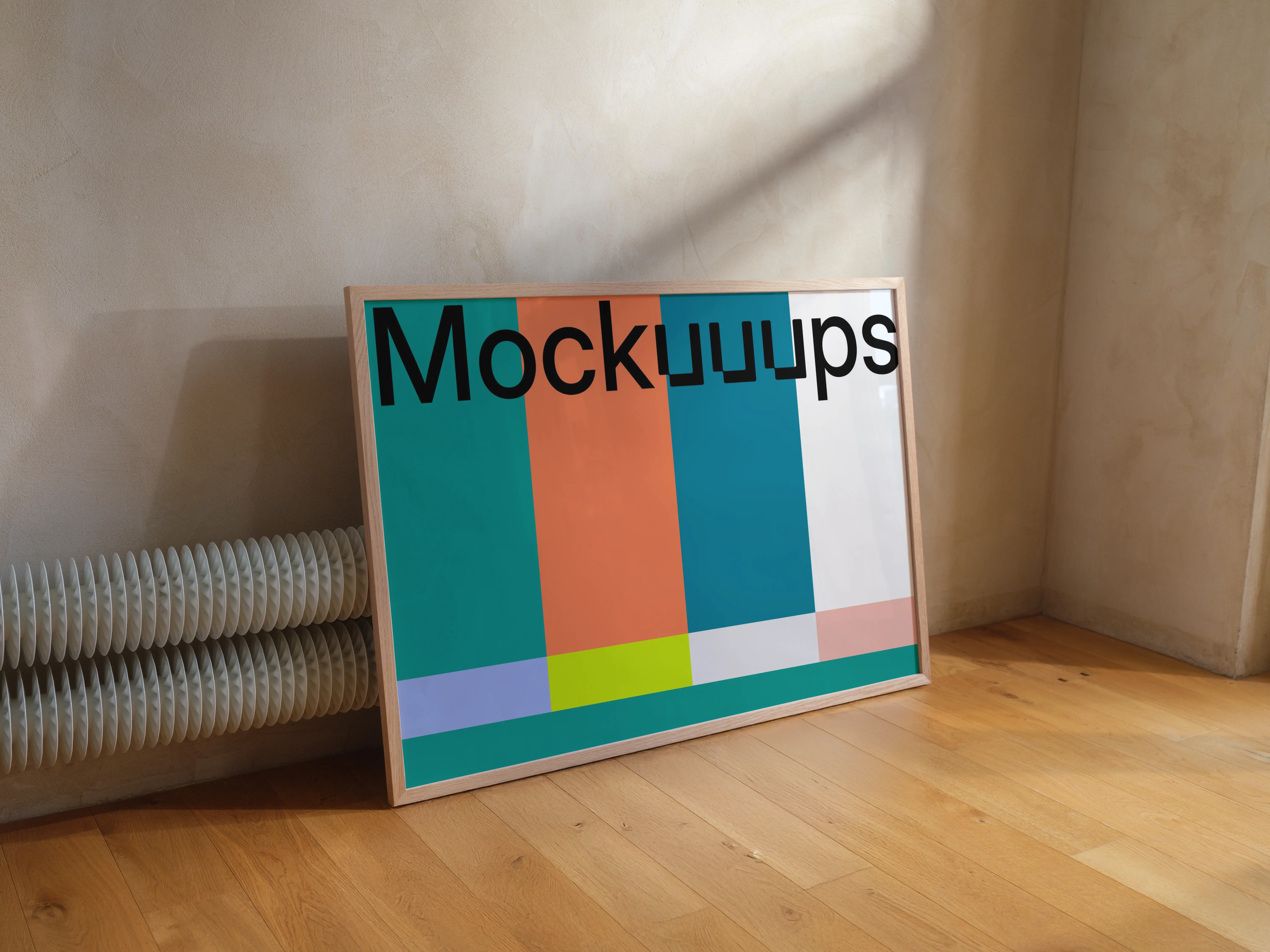 Landscape B1 mockup with wooden frame on hardwood floor mockup