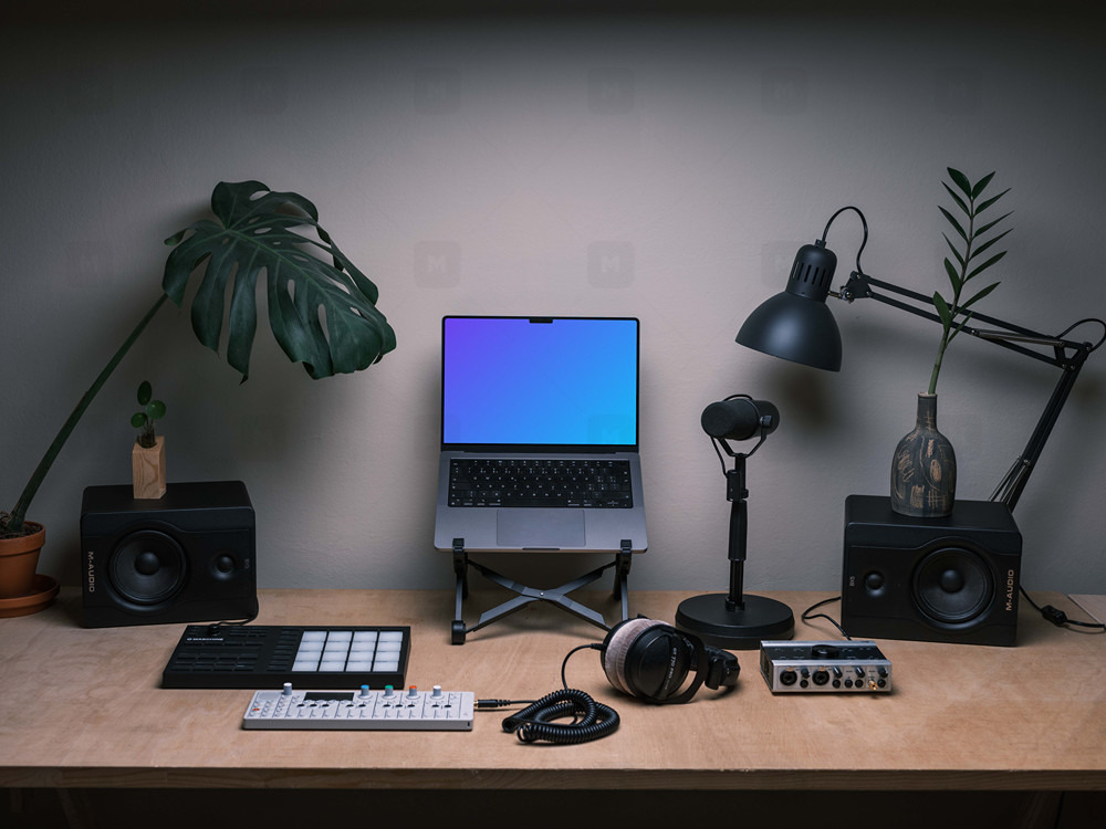 Laptop Mockup in the podcast studio