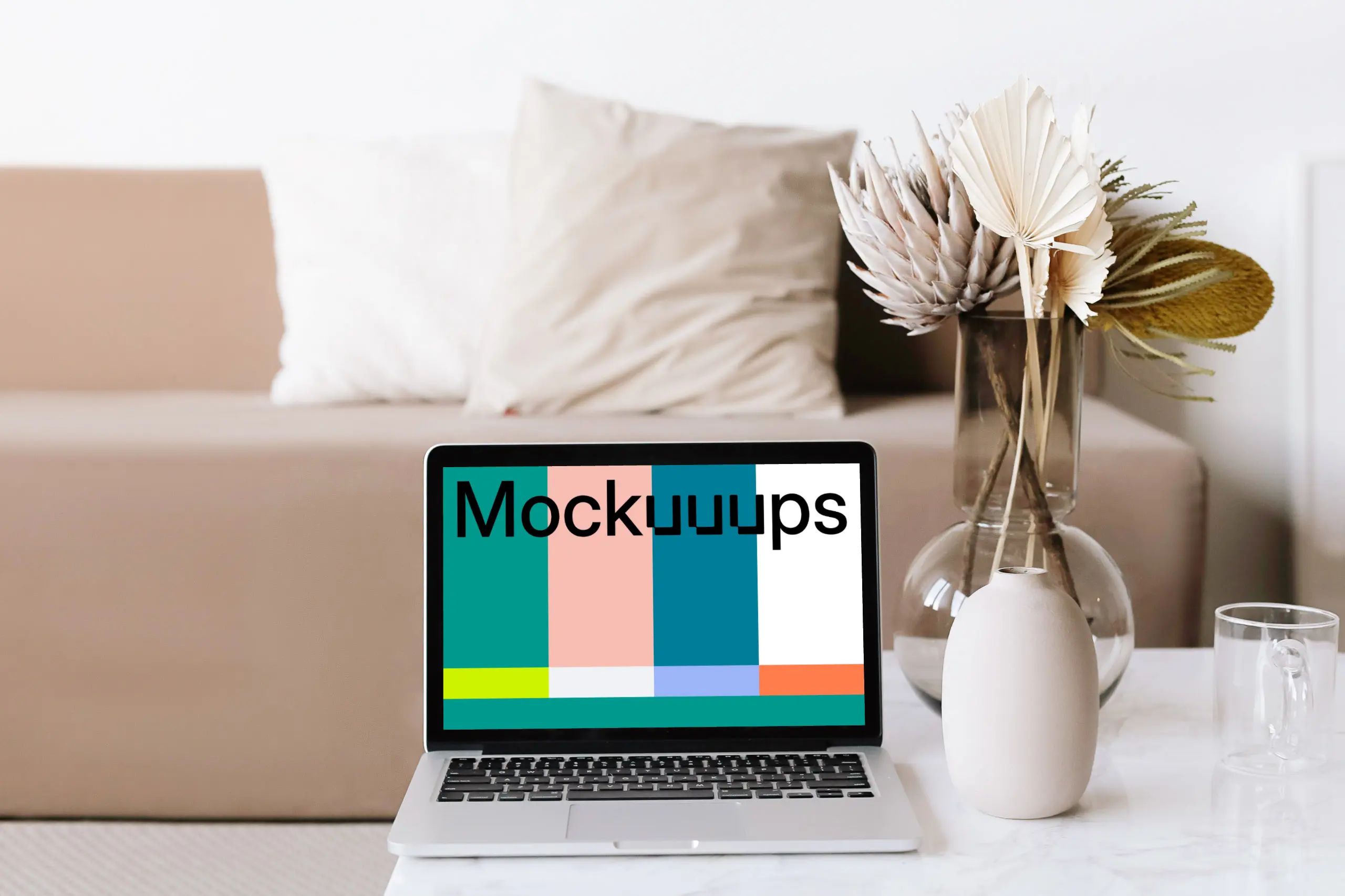 MacBook Mockup on a coffee table in a minimal living room