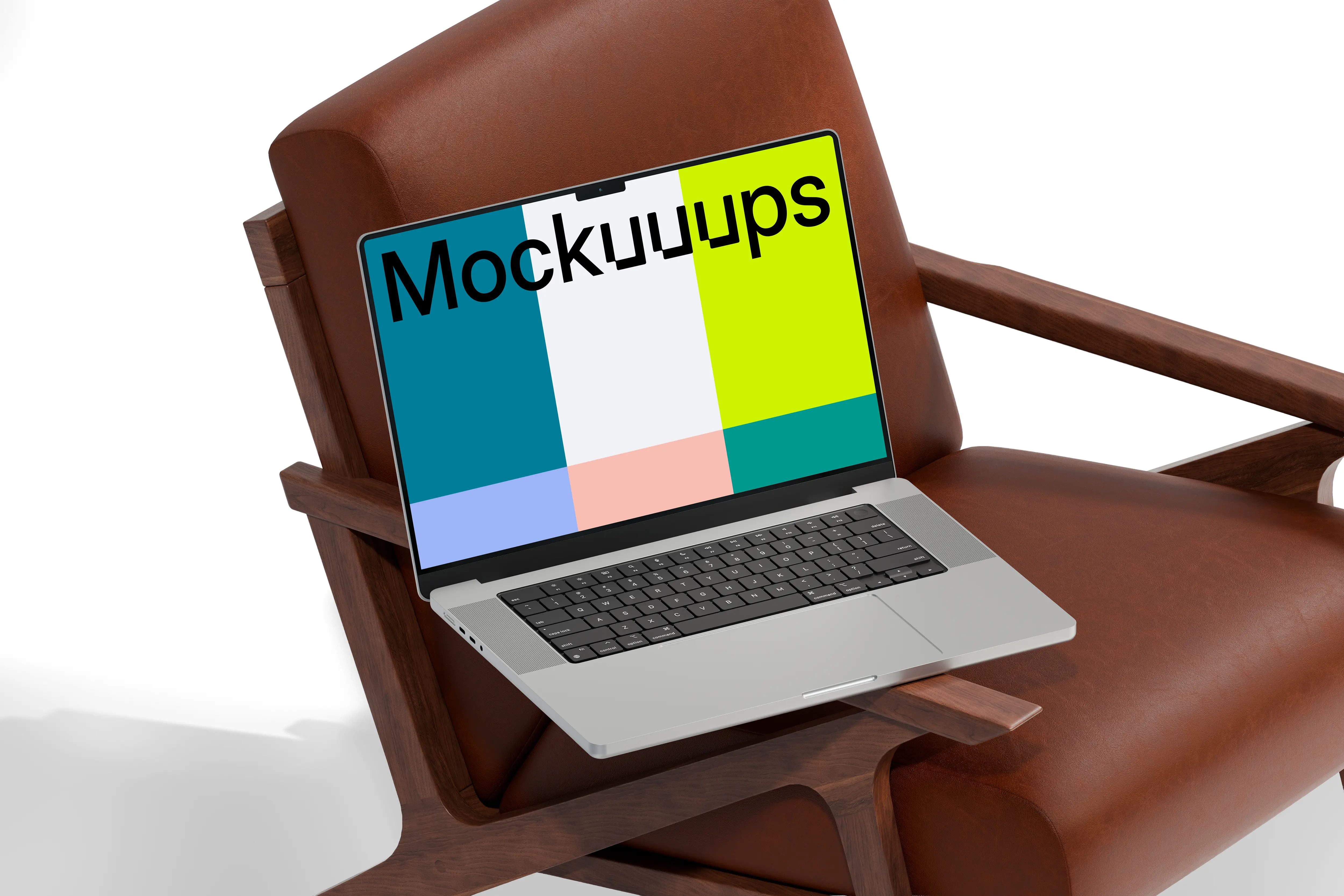 MacBook Pro 14-inch mockup on a leather chair mockup