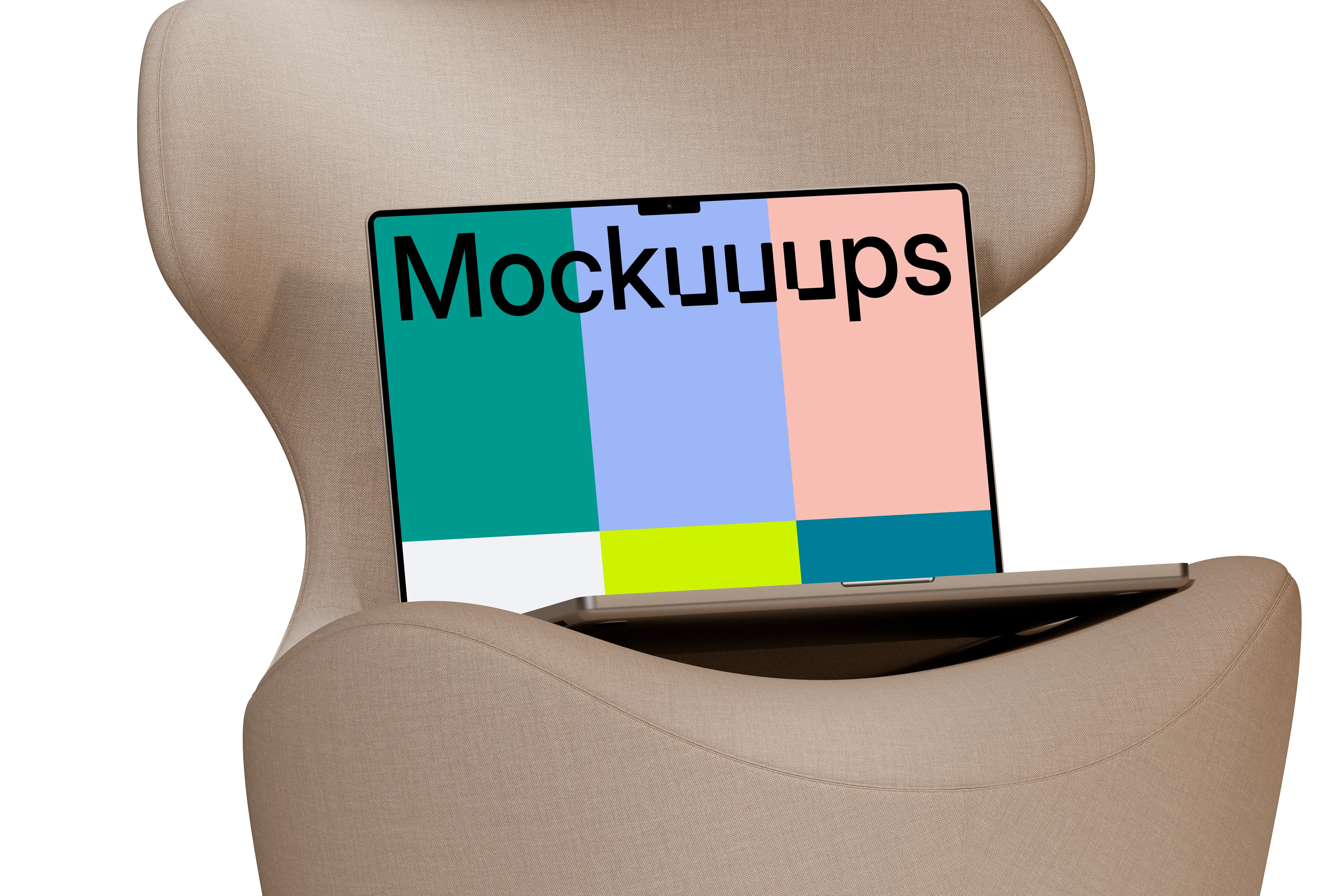 MacBook Pro 14" mockup on a modern armchair mockup