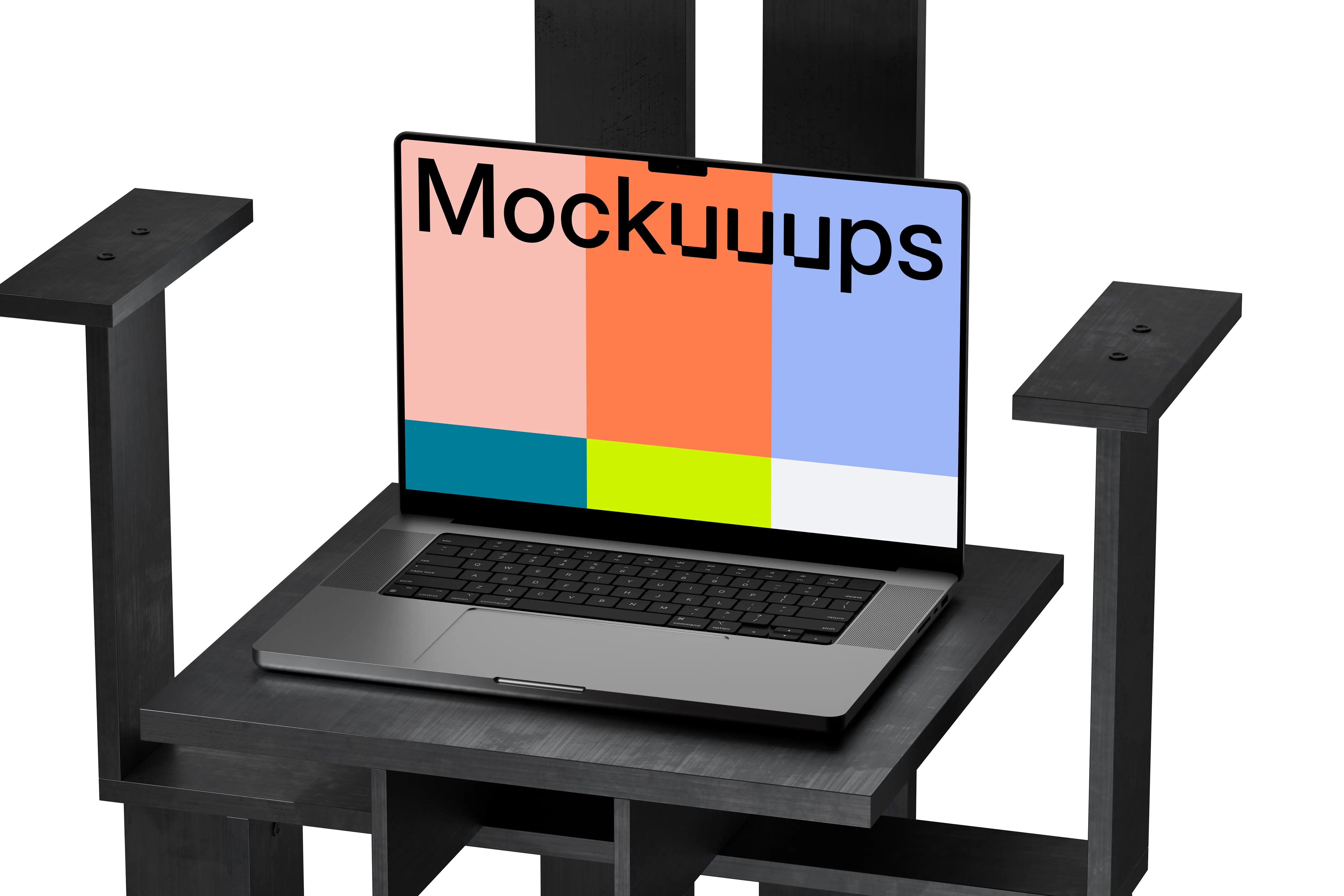 MacBook Pro 14" mockup on a modern black chair mockup