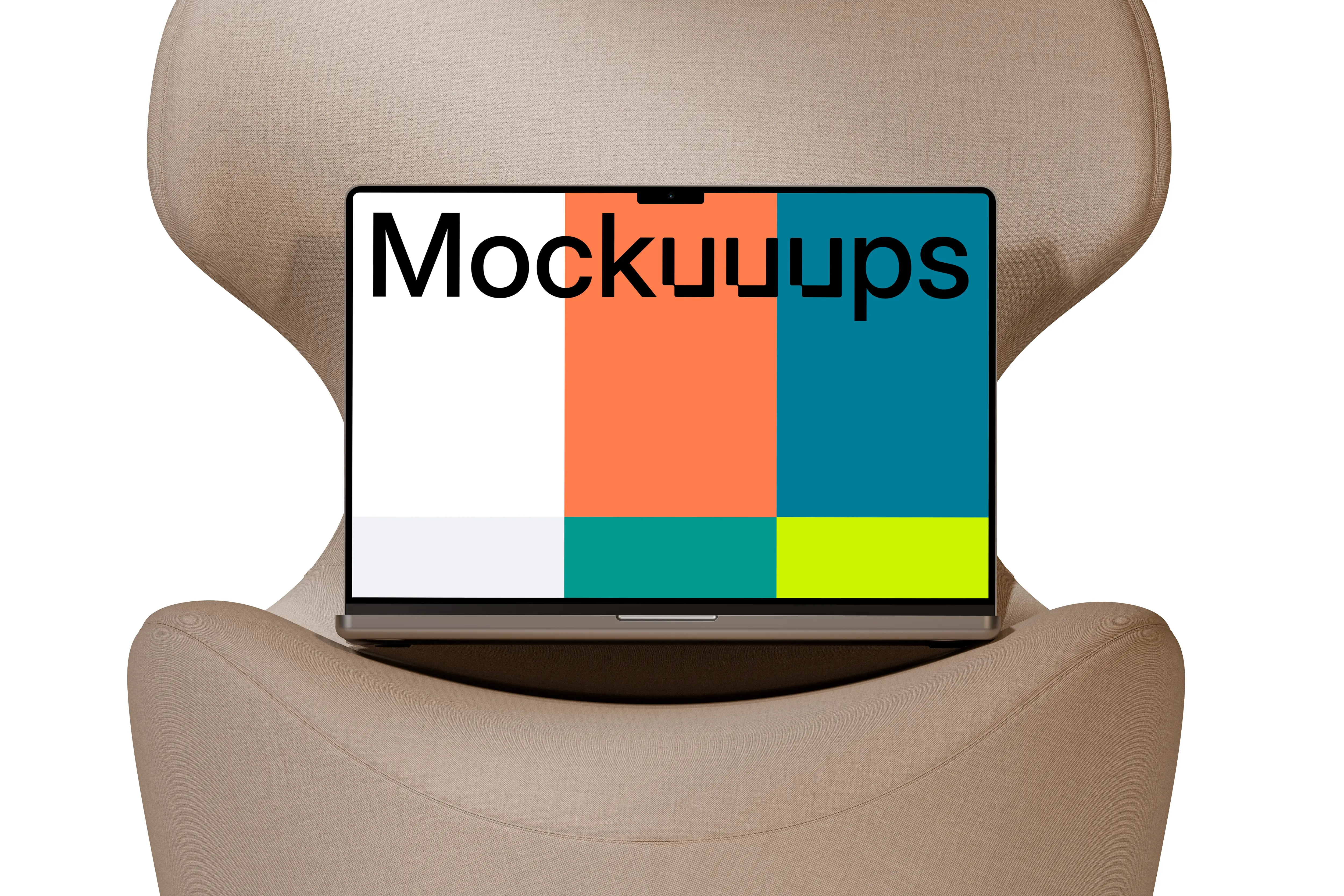 MacBook Pro 14" mockup on a modern chair mockup